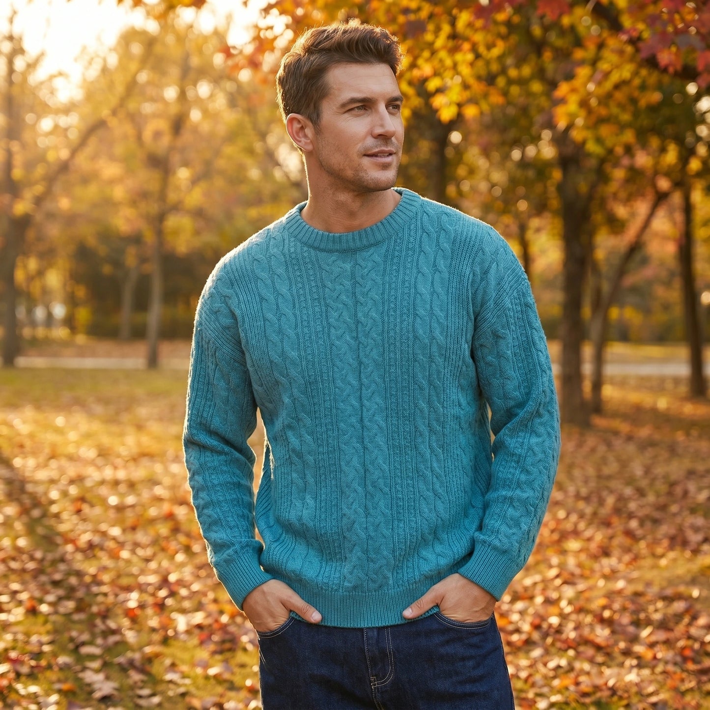 Close up view of the men's classic cable knit quarter zip sweater showing intricate stitching and textured fabric in a rich navy color.