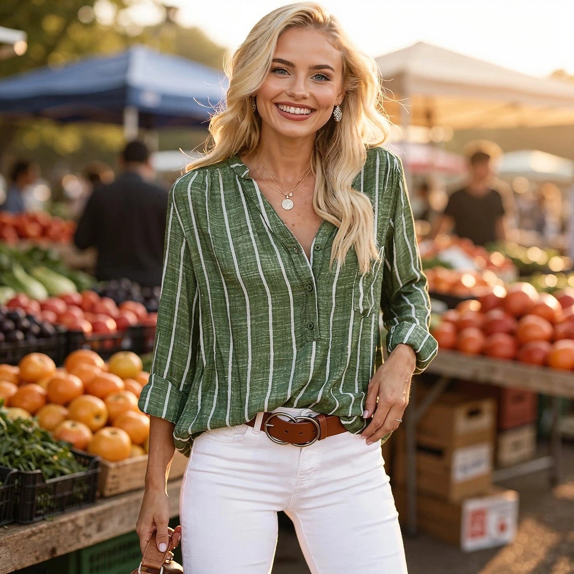 View of a relaxed fit blouse featuring horizontal stripes in soft pastel colors, made