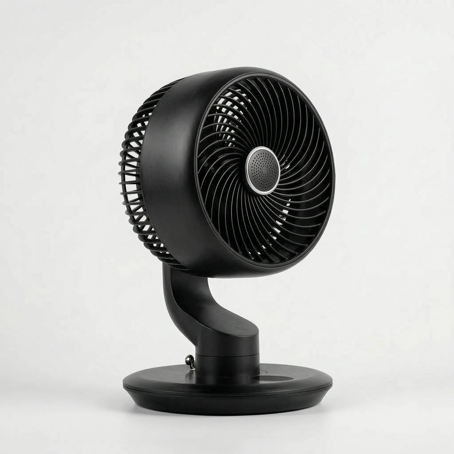Of the fan's adjustable airflow dial and sleek design, highlighting its modern, user friendly features