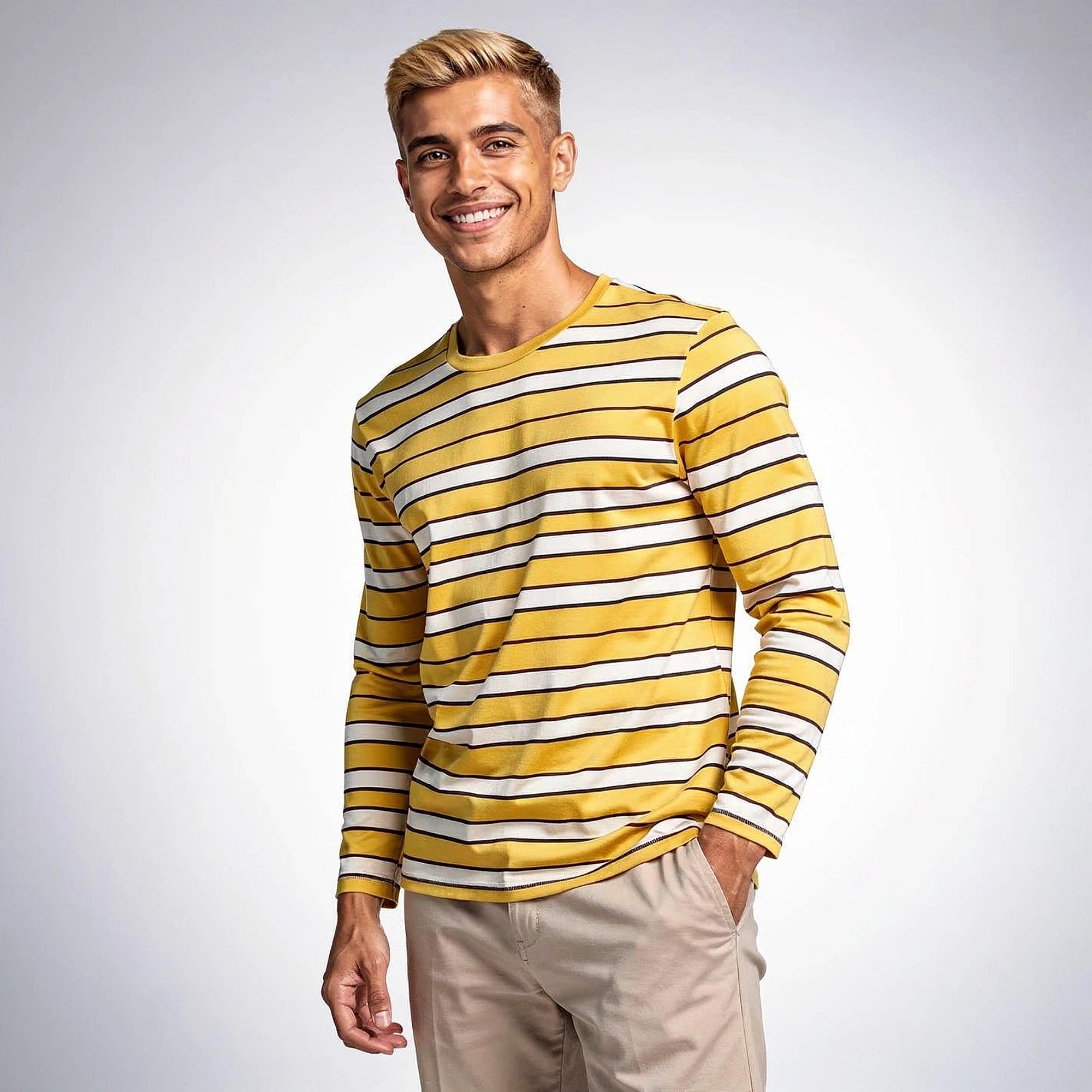 View of a relaxed striped cotton shirt featuring soft fabric in light blue and white, showcasing the collar and button placket