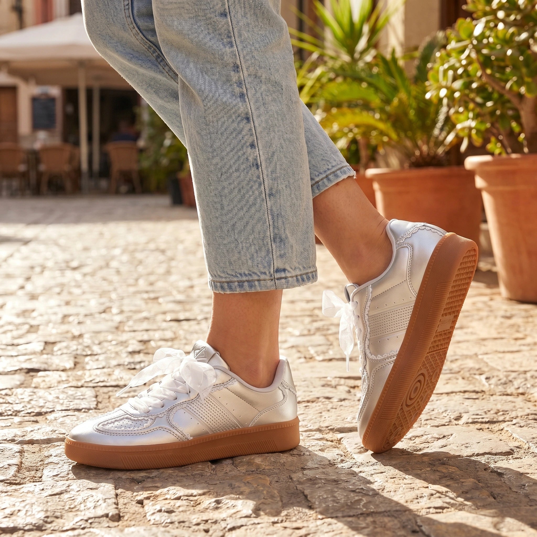 Close up view showing the breathable fabric and detailed stitching of the Womens Supportive Summer Sneakers in a pastel color.
