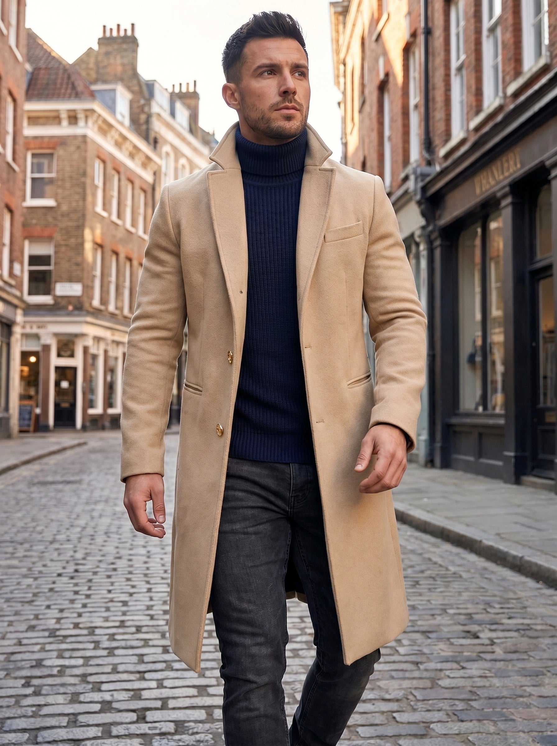 Close up of the Men's Tailored Wool Blend Pea Coat showing its rich fabric texture, precise stitching, and sophisticated design details against a neutral background.