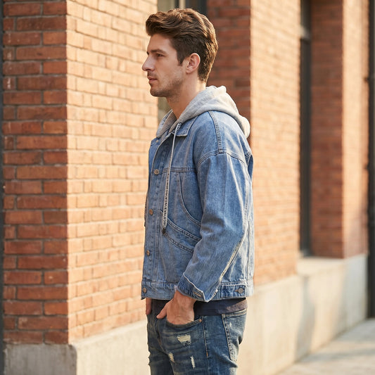 Back view of a model wearing a mens casual relaxed denim jacket in a medium wash, showing the stitching details and overall craftsmanship against a neutral background.