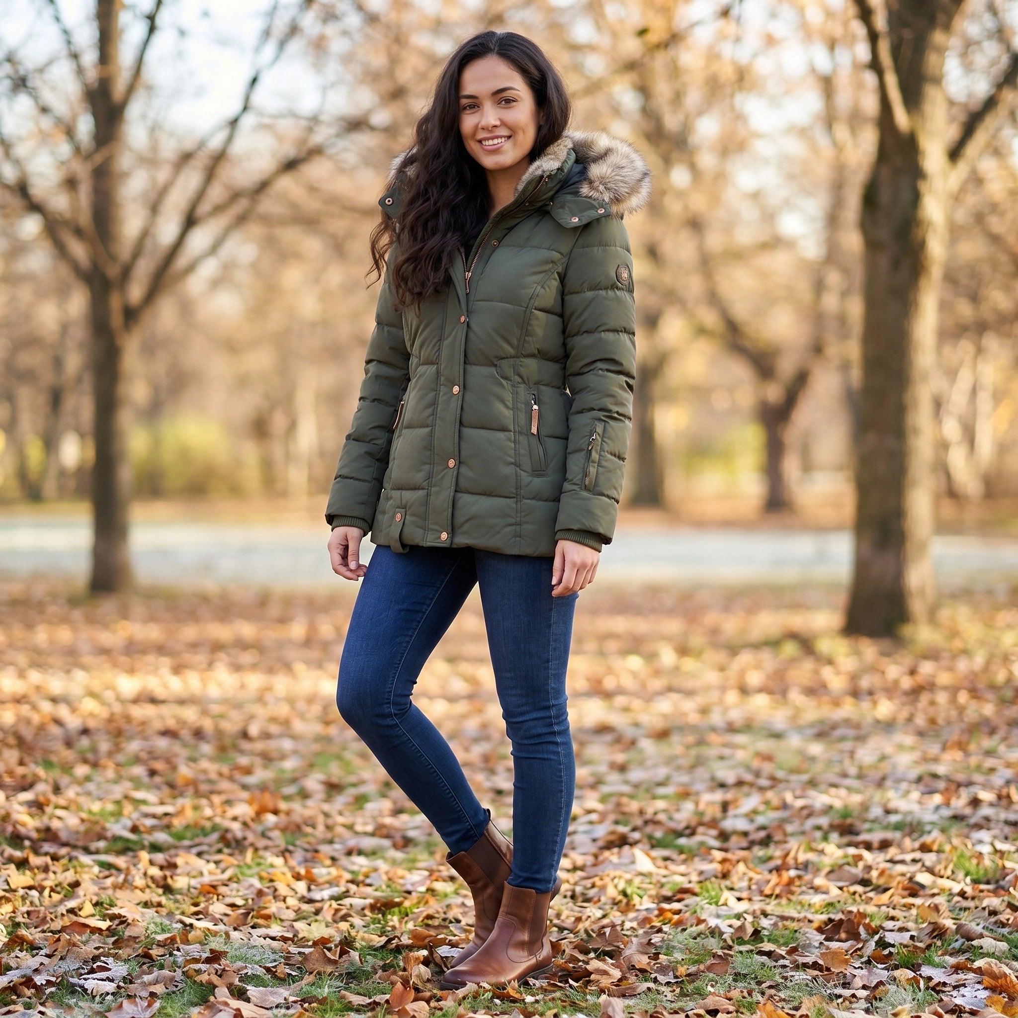 Close up view of the Womens Fitted Winter Puffer Jacket showing its sleek fabric texture, precise stitching, and modern design details against a neutral background.