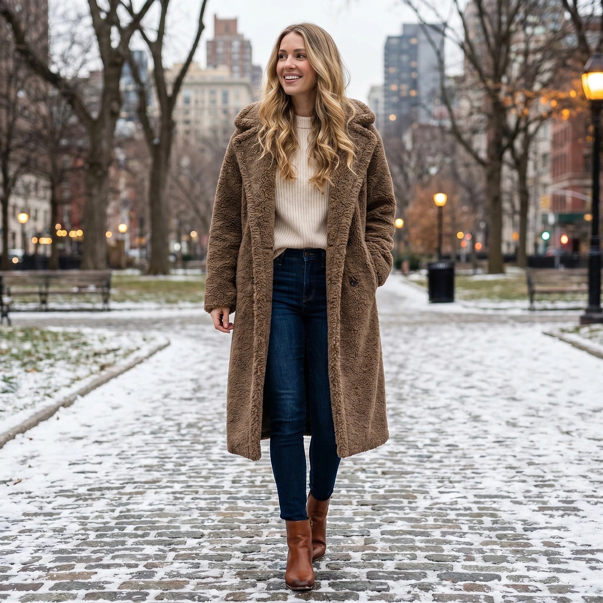 Close up view of the Womens Relaxed Classic Winter Coat showing the luxurious fabric texture and precise stitching details in a sophisticated neutral color.