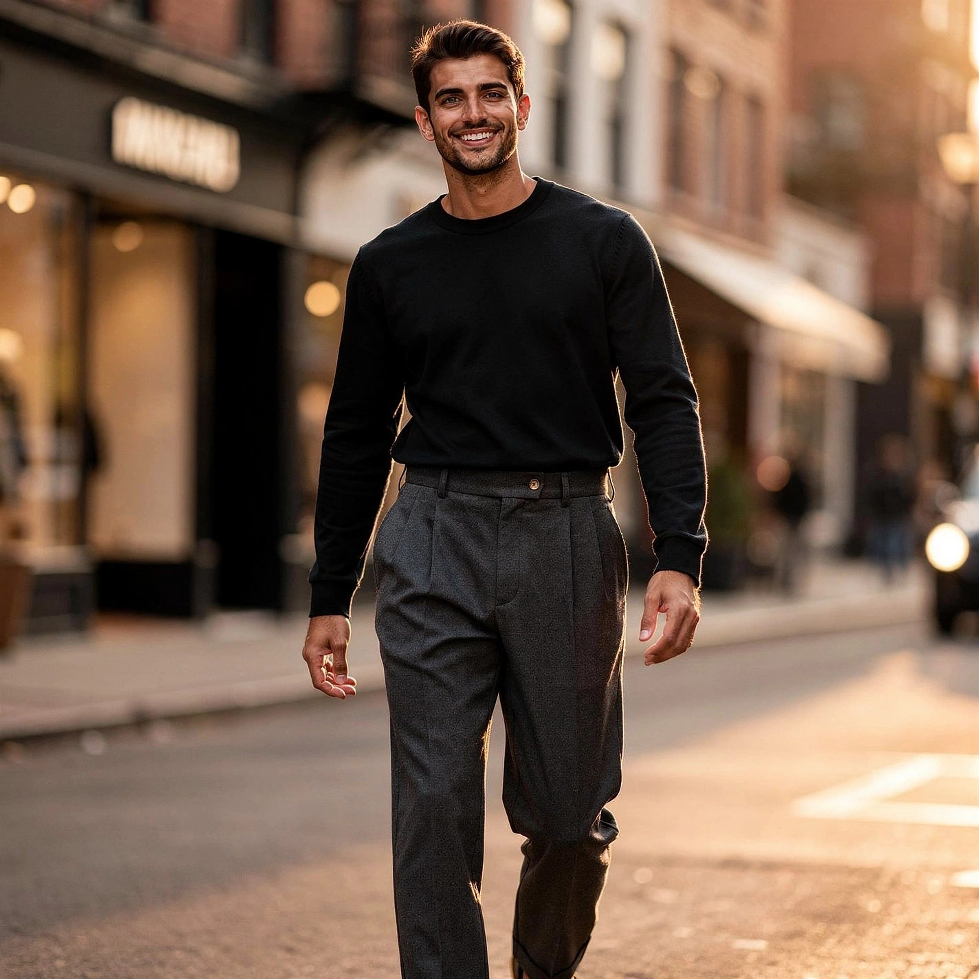 View of tailored high waisted pleated trousers in a soft fabric, featuring a clean silhouette and subtle pleats
