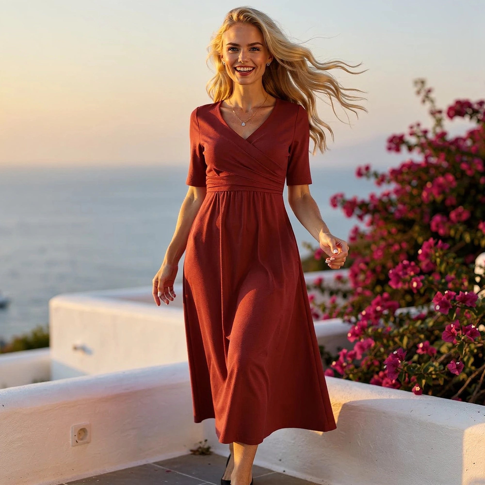 View of a chic v neck midi dress in soft fabric, featuring a flowing silhouette and elegant floral pattern