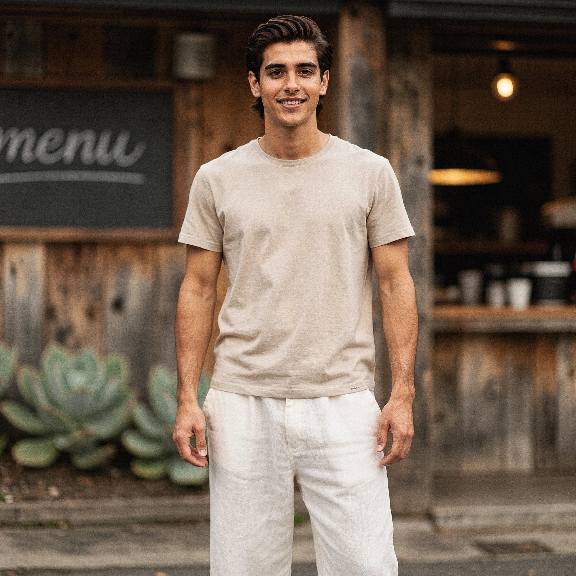 Lightweight casual trousers in a relaxed fit, featuring a soft fabric and pockets, view showcasing the material texture