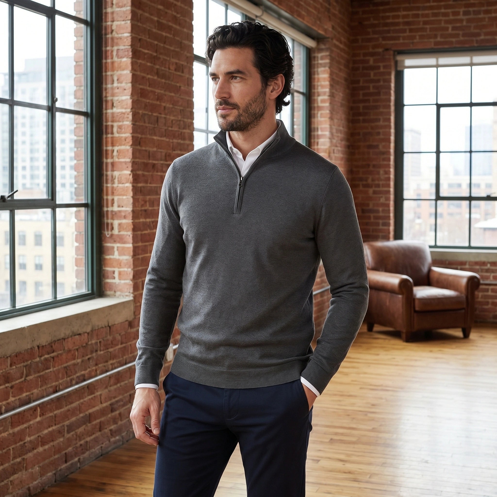 Close up view of the men's fitted quarter zip sweater showing the fine knit fabric, detailed stitching, and mock neck design in a rich navy color.