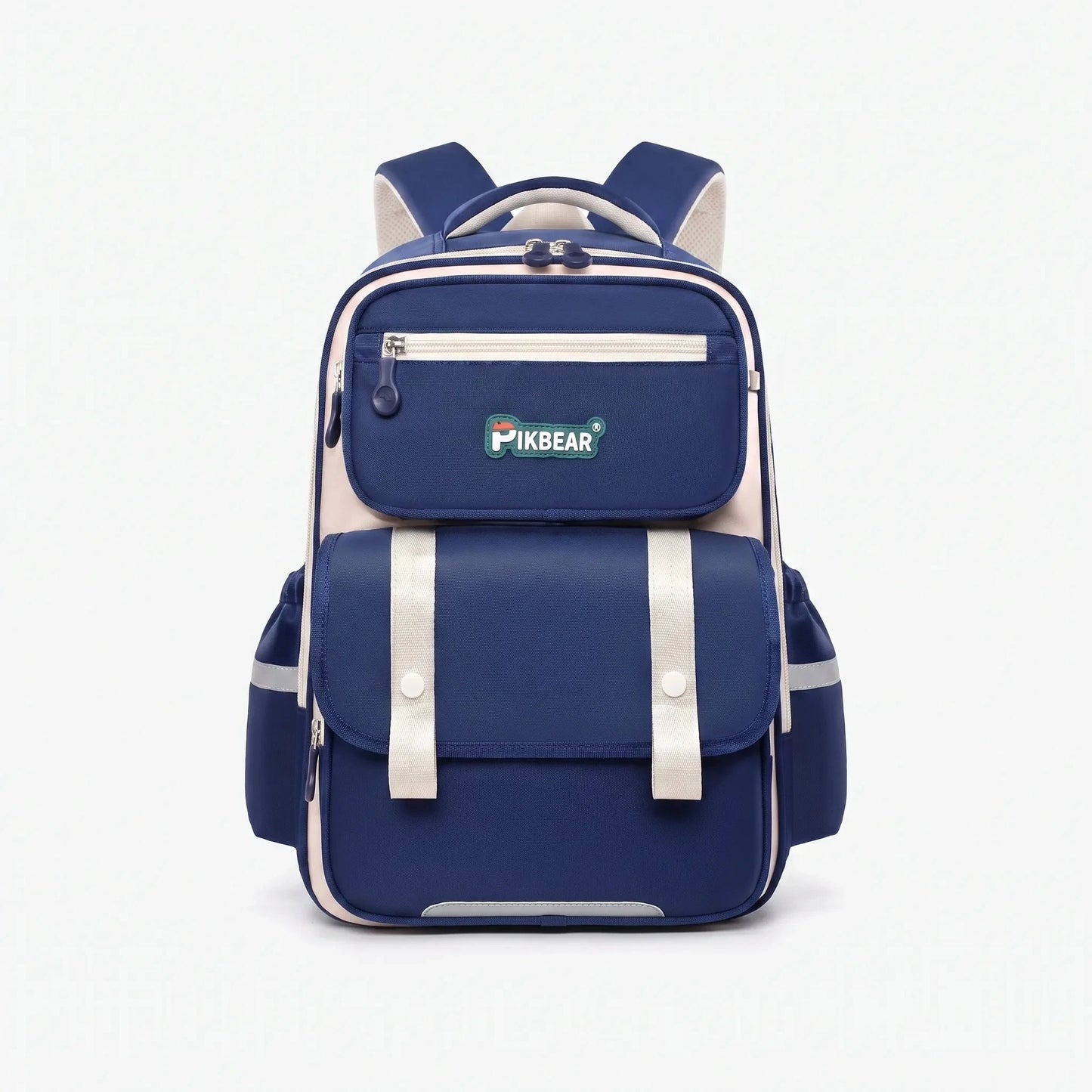 View of a structured ergonomic school backpack in black nylon, showcasing padded straps and multiple compartments