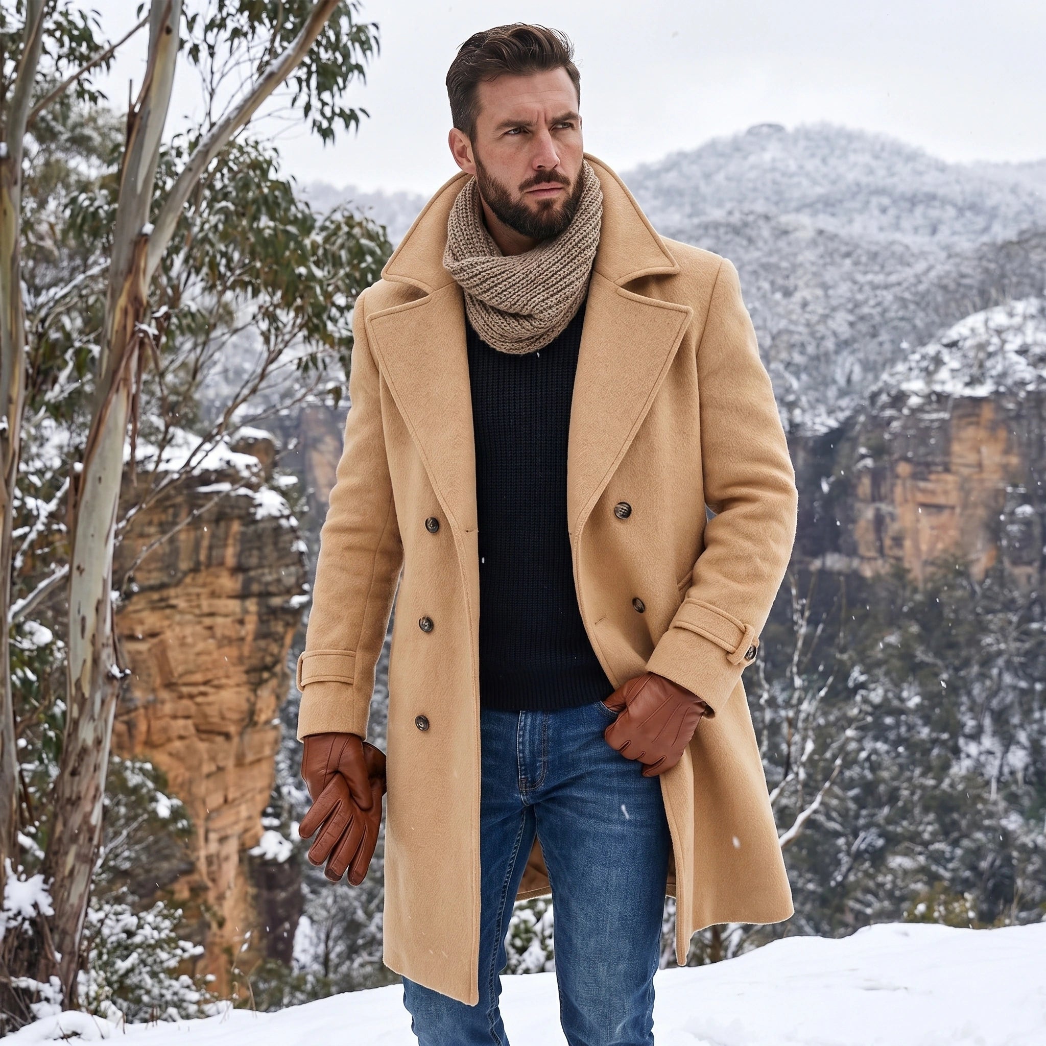 Close up of the men's structured double breasted winter coat showing the premium fabric, precise stitching, and lapels against a neutral background.