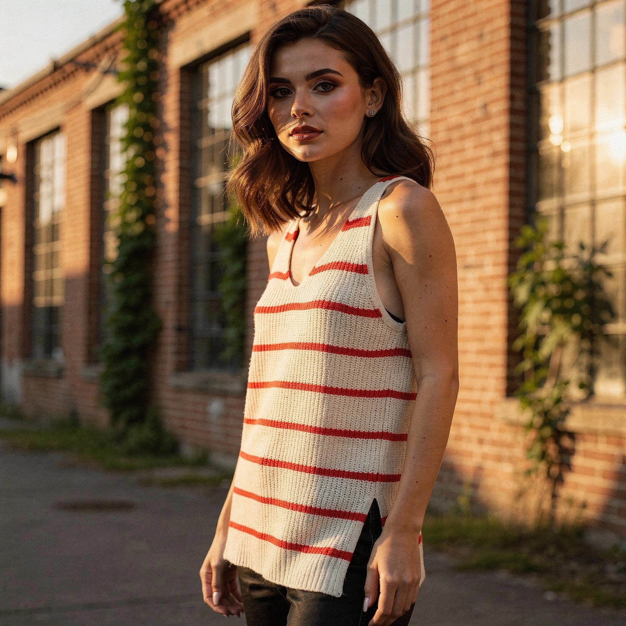 View of a relaxed fit summer sweater tank in light blue, featuring a nautical stripe pattern and soft, breathable fabric