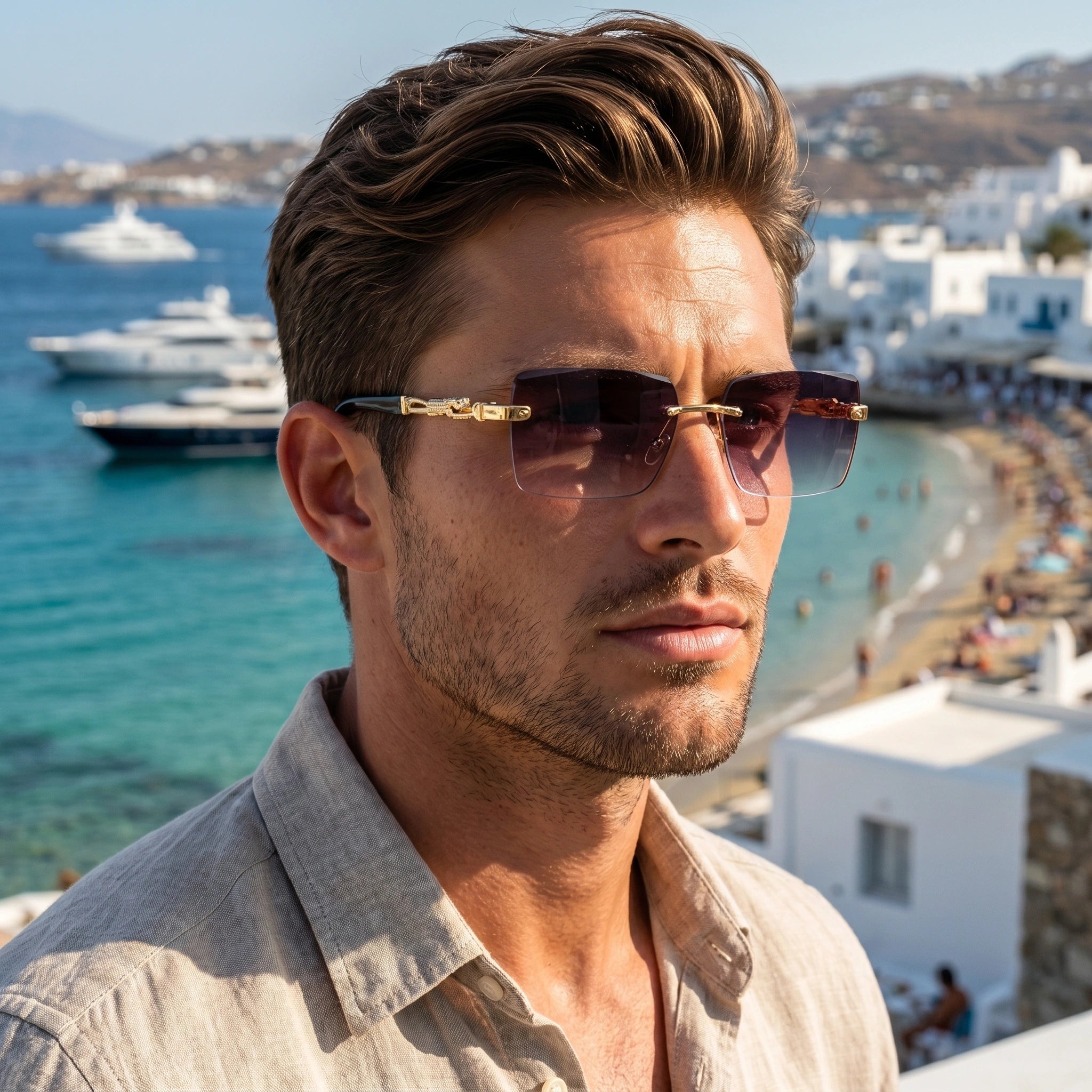 Close up view of the sleek design and intricate stitching details of the Men's Sleek Summer Sunglasses against a neutral background.