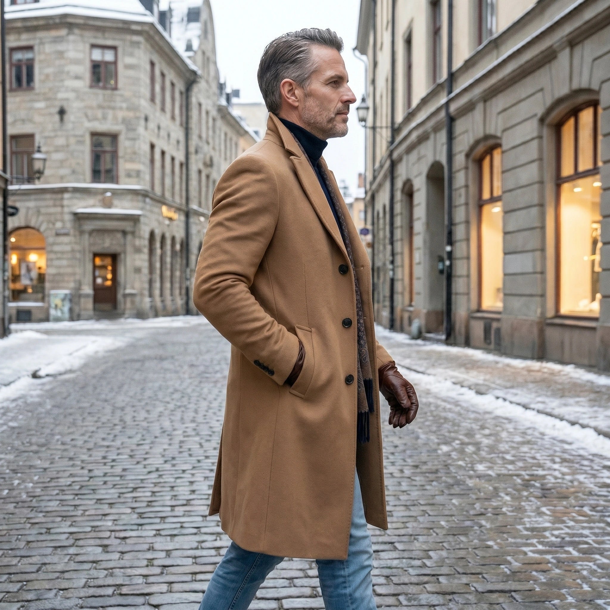 A model showcases a mens sophisticated classic winter overcoat in a rich navy hue, styled with tailored trousers against a minimalist urban background.