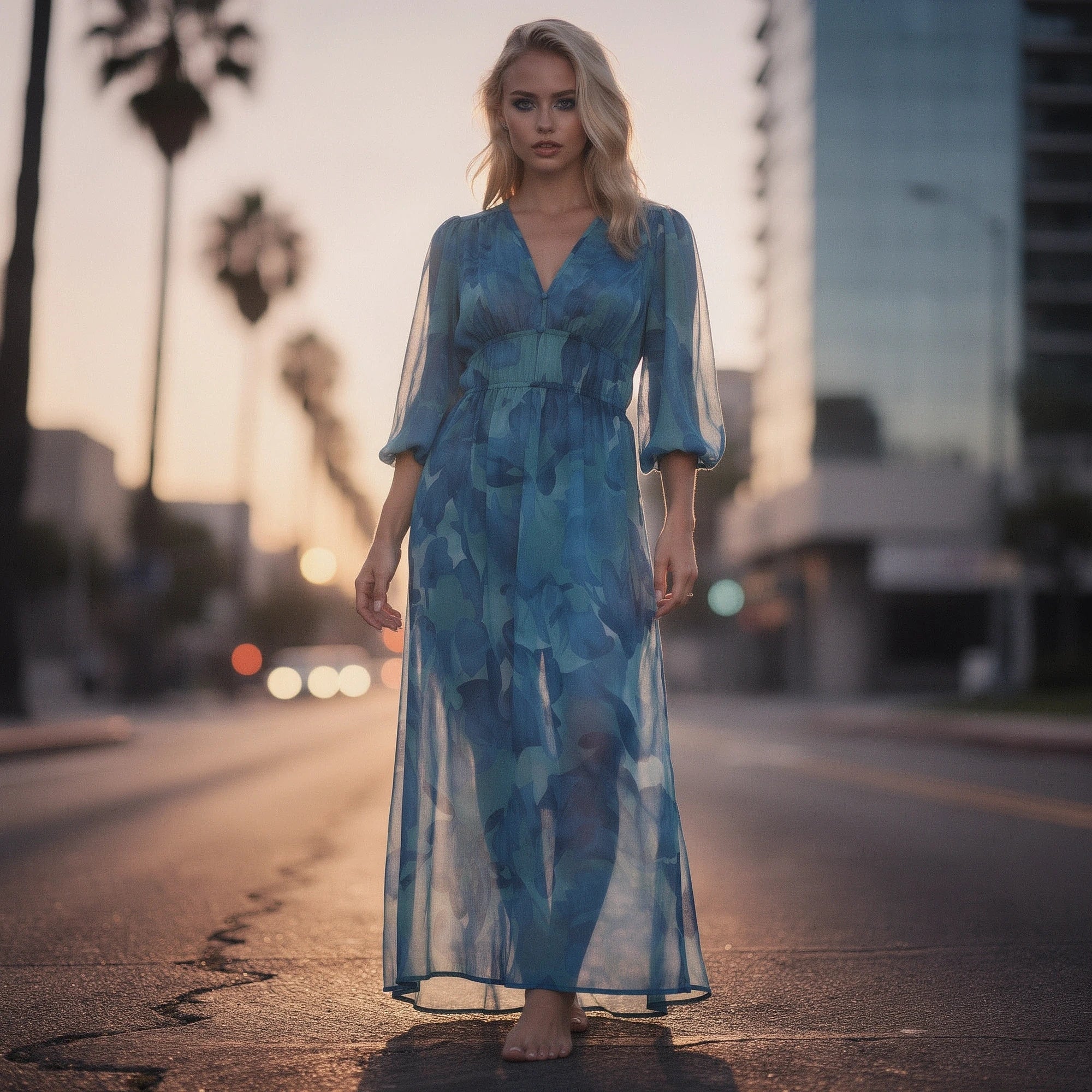 View of a floral midi dress featuring a fitted bodice, flowing skirt, and vibrant multi colored flower patterns on a light background