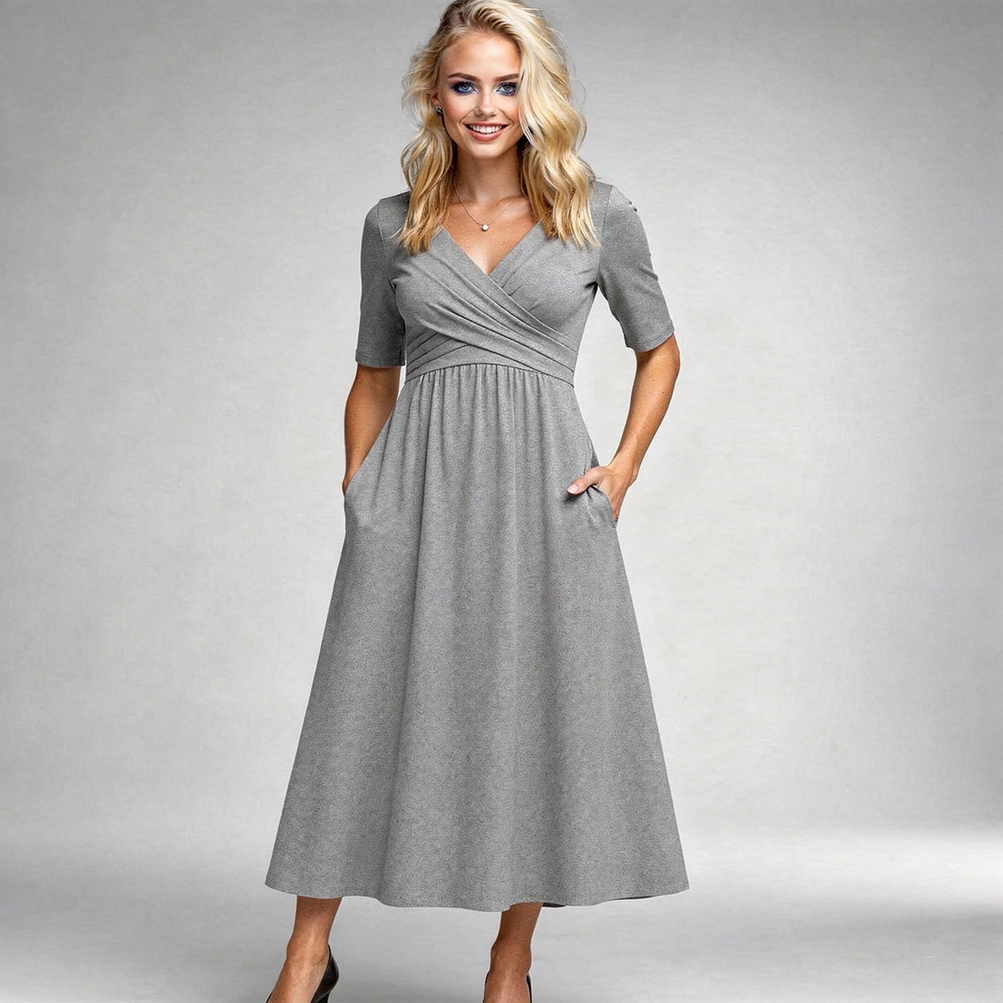 View of a chic v neck midi dress in soft fabric, featuring a flattering silhouette and elegant flow
