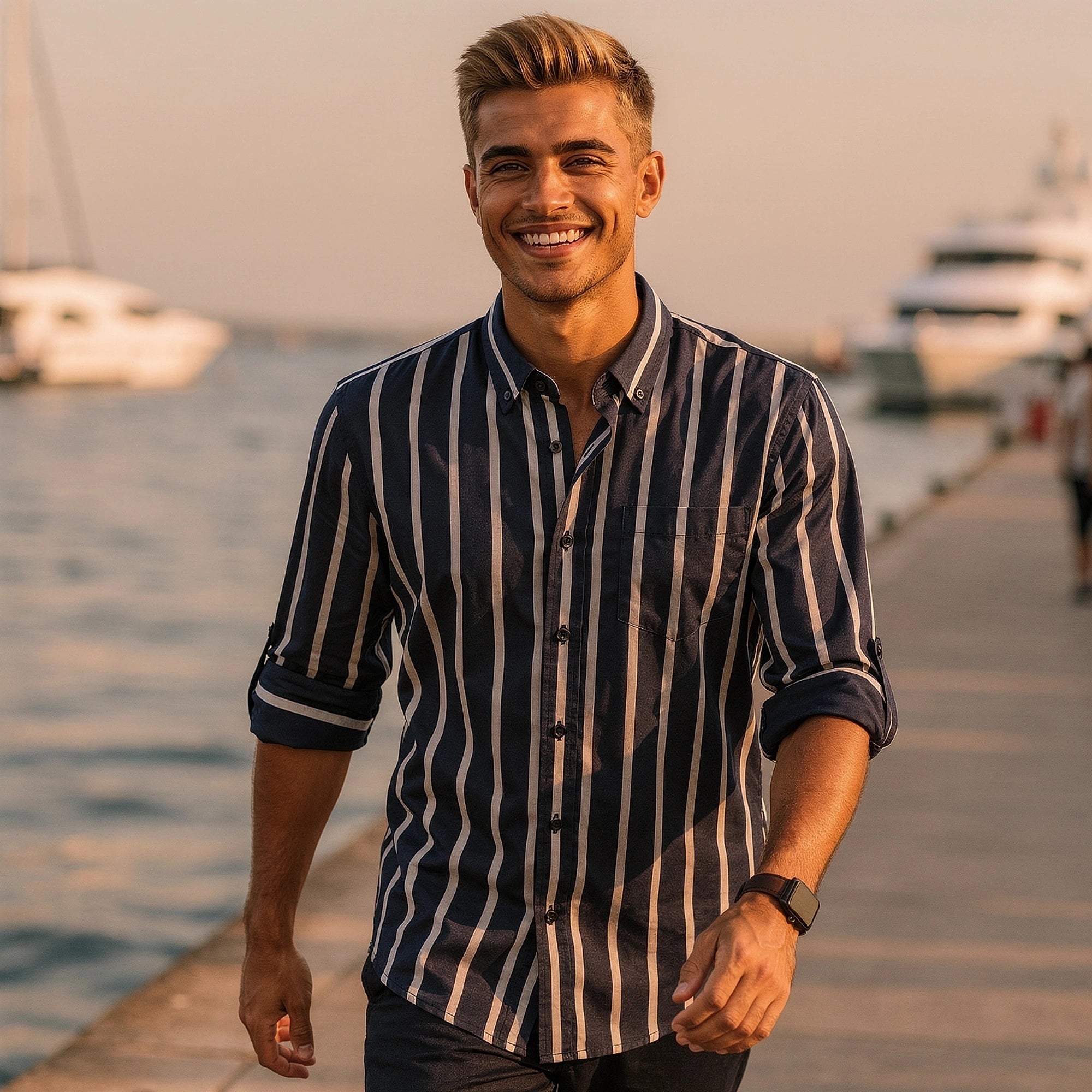 View of a relaxed striped cotton shirt featuring soft fabric in light blue and white, showcasing the collar and button placket