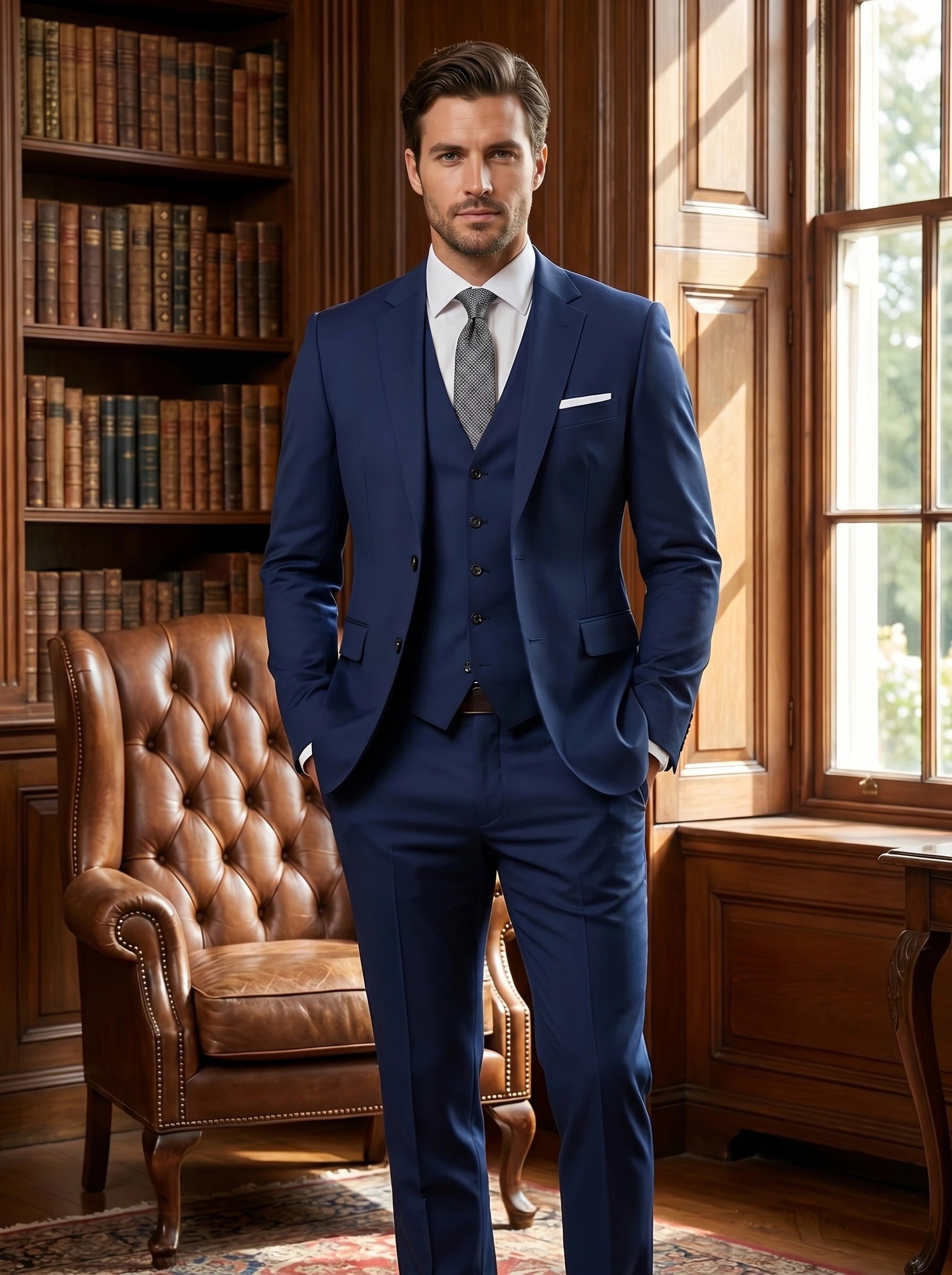 Back view of a model showing a tailored formal suit set in a classic navy color, showing the meticulous construction details against a neutral background.