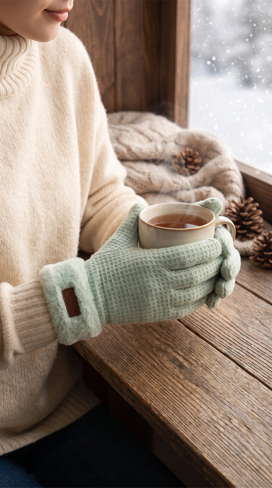 Back view of a model wearing warm winter gloves in a rich burgundy color, showing the detailed stitching and luxurious fabric against a soft neutral backdrop.
