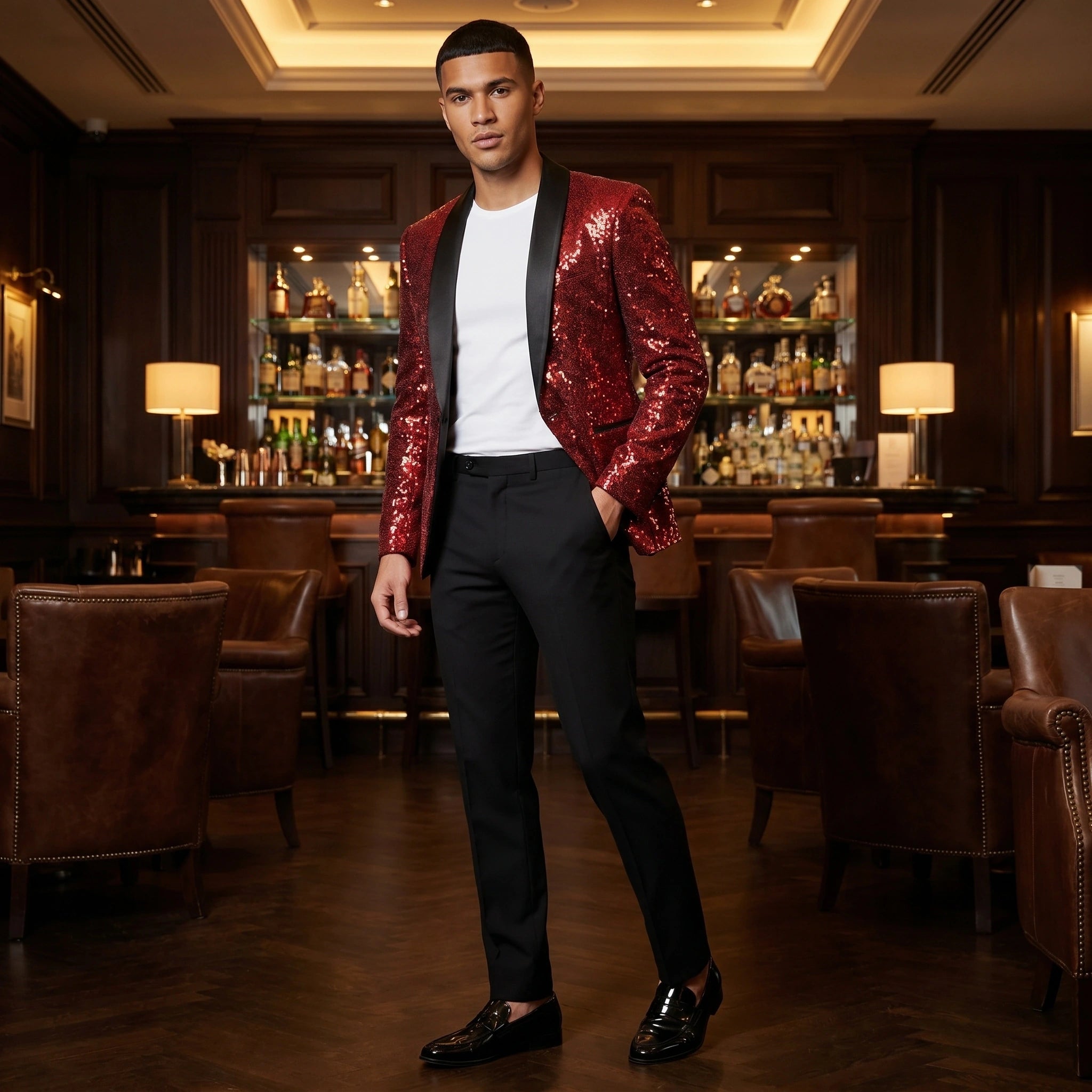Back view of the Men's Dazzling Sleek Evening Blazer in deep navy, showing its tailored fit and intricate stitching details against a neutral backdrop.