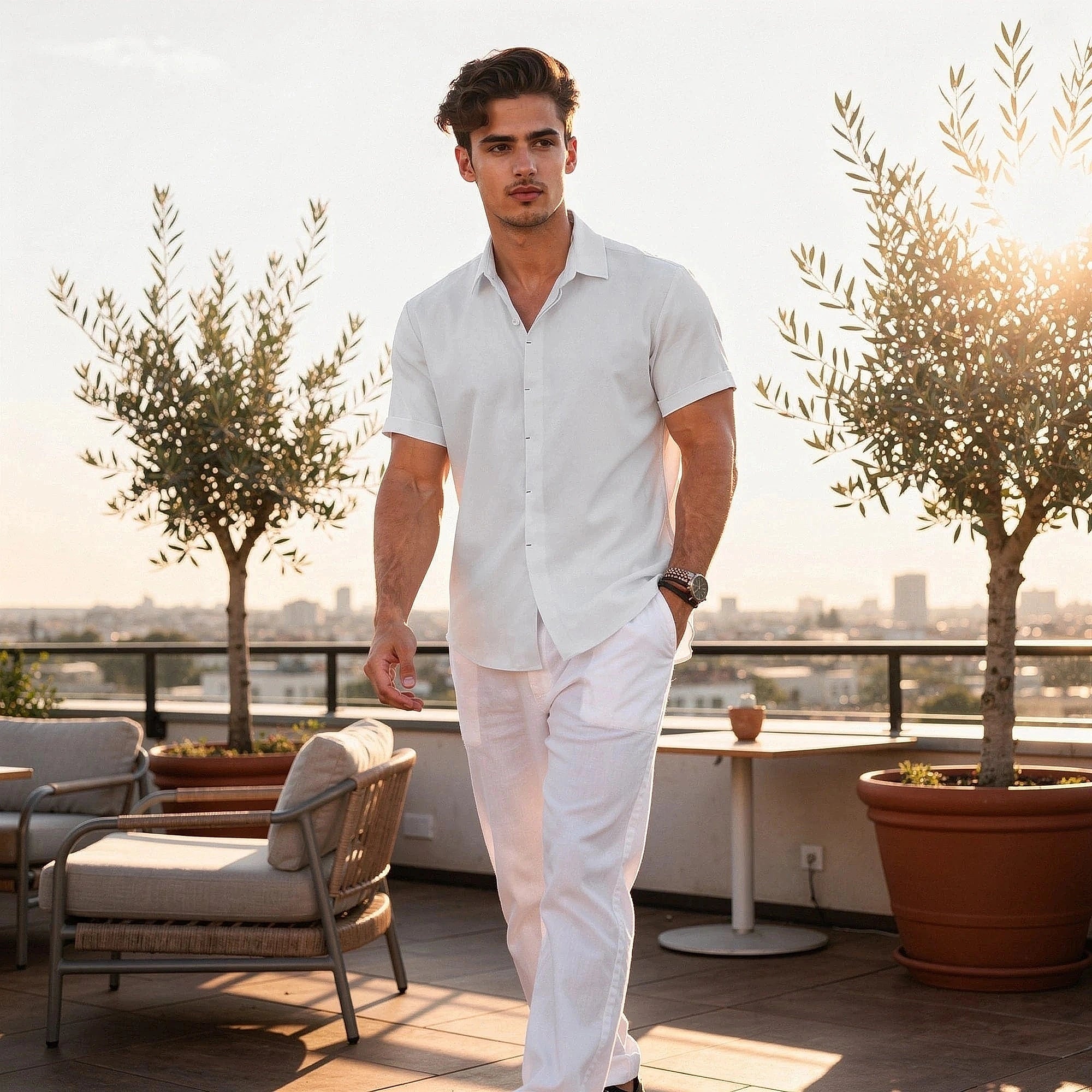 Light blue short sleeve shirt made of breathable cotton, featuring a relaxed fit and button down collar, view