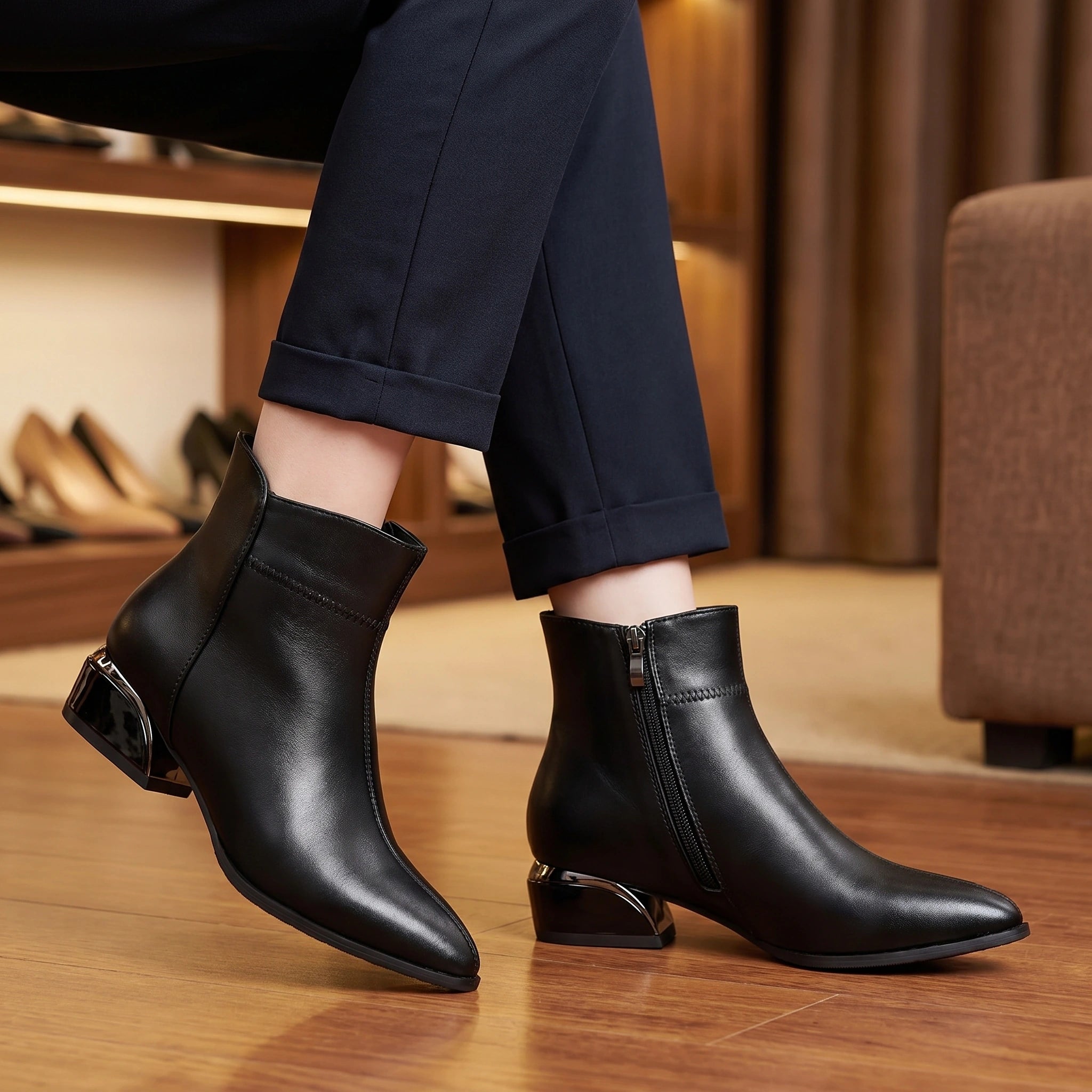 Close up view showing the premium fabric and intricate stitching of the Womens Sleek Ankle Boots, showing their sophisticated design and quality craftsmanship.