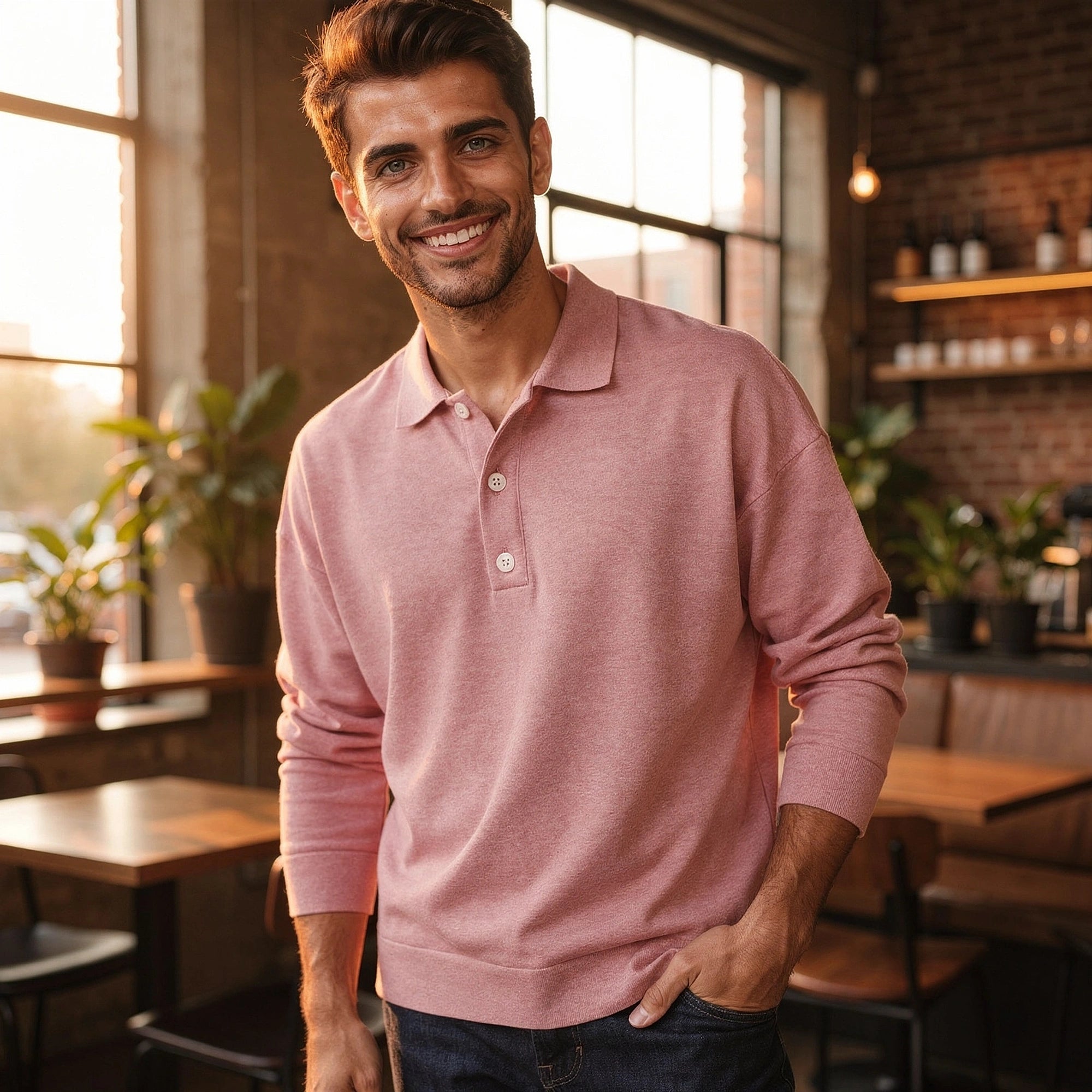View of a light gray knit polo shirt, featuring a relaxed fit, short sleeves, and a classic collar
