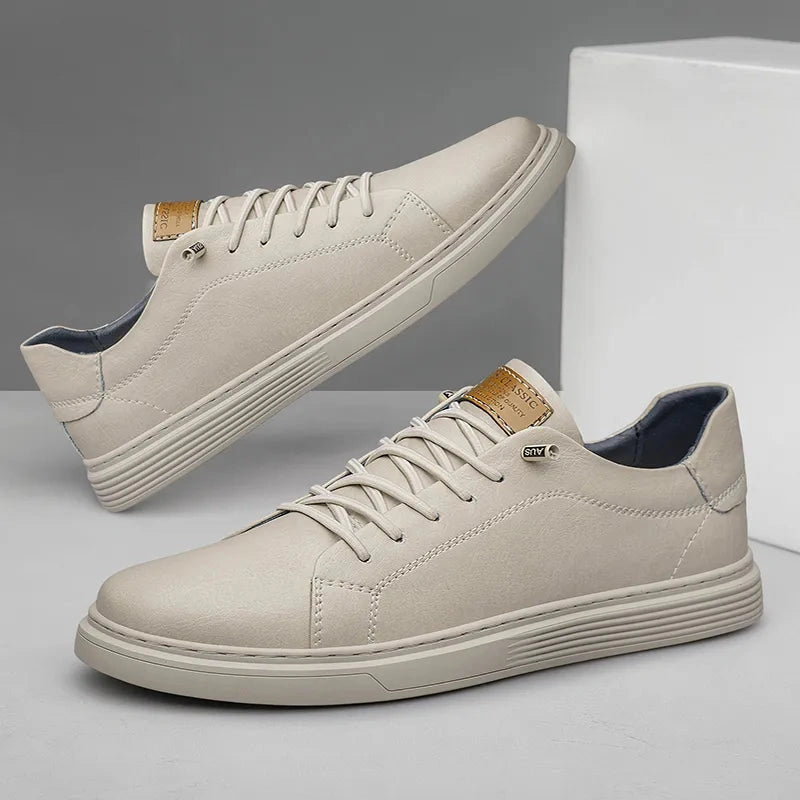 View of brown leather lace up shoes with a smooth finish and subtle stitching details