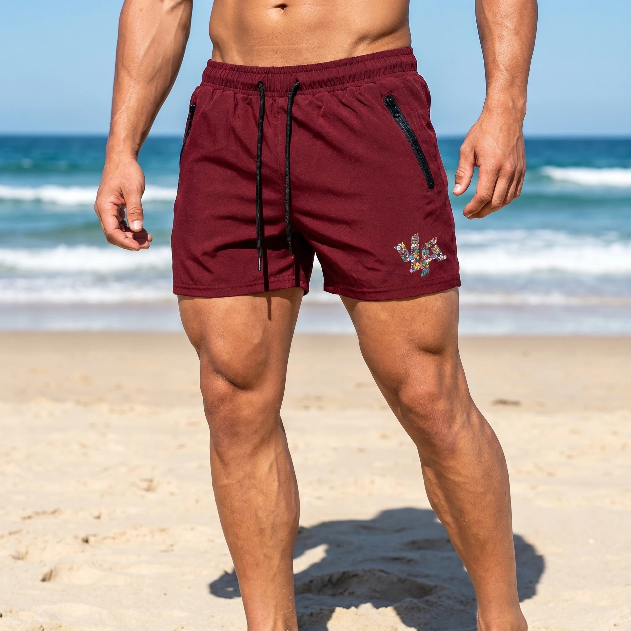 Close up view of the men's sporty quick dry printed summer shorts showing vibrant fabric patterns and detailed stitching, perfect for active lifestyles.