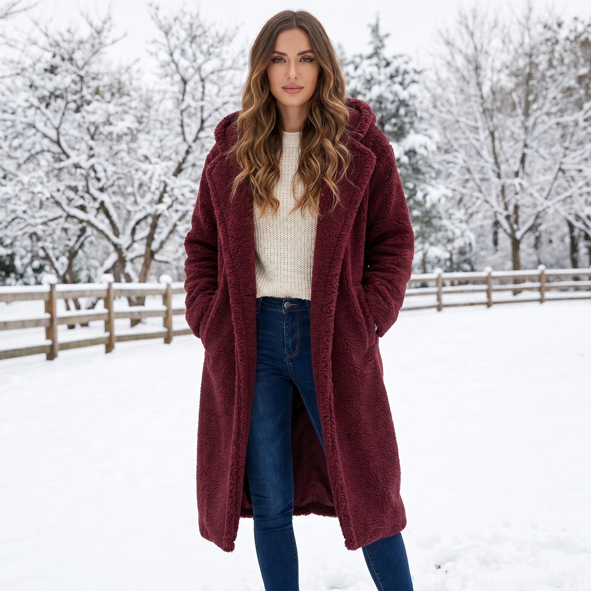Close up view of the Womens Relaxed Classic Winter Coat showing the soft fabric texture, stitching details, and sophisticated design suitable for everyday wear.