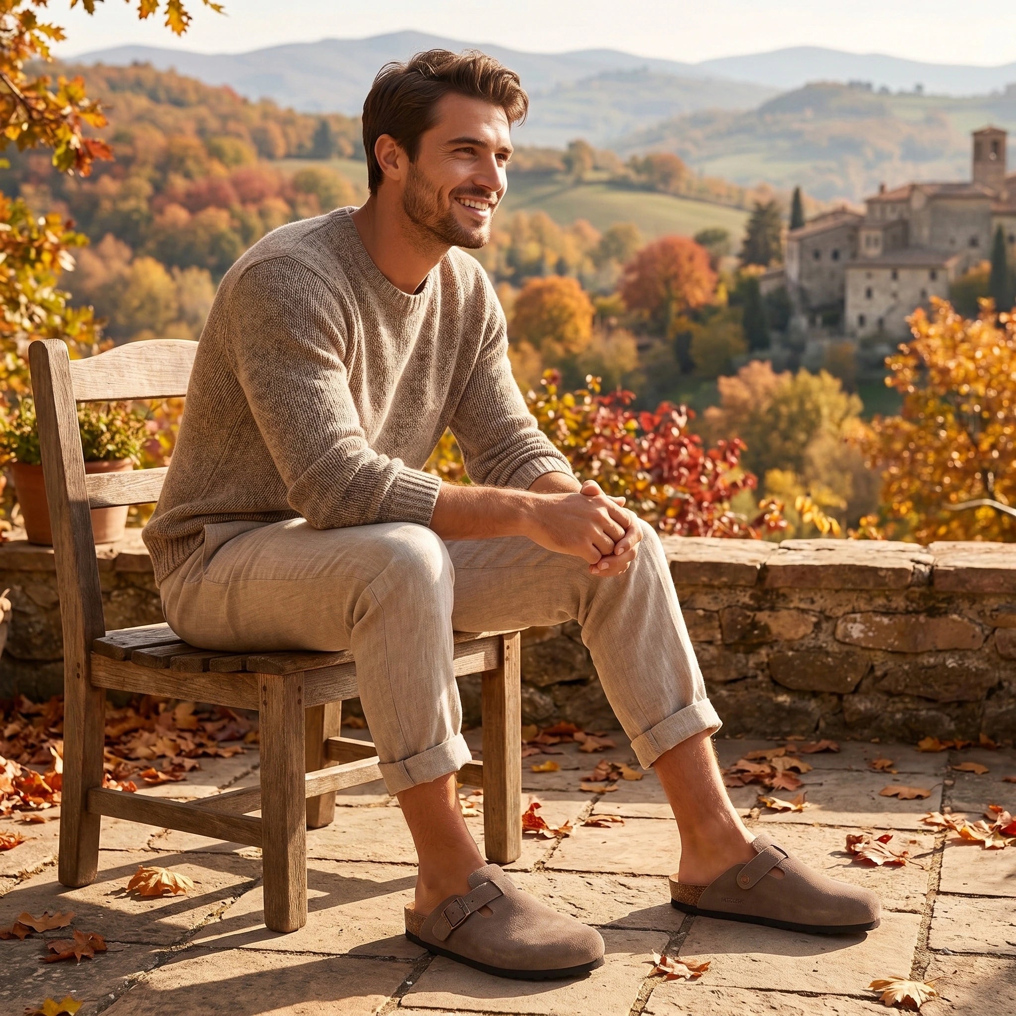 Close up view showing the soft suede texture and precise stitching of men's comfortable sandals, showing their design perfect for summer wear.