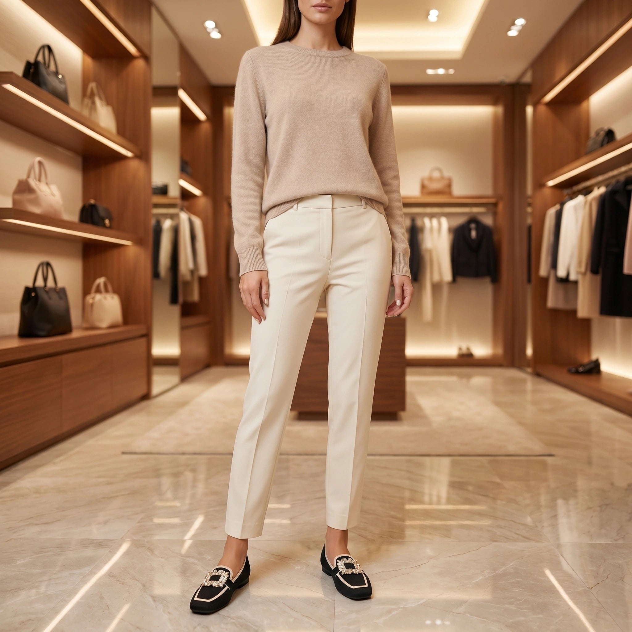 Close up view of the Womens Supportive Orthopedic Loafers showing the intricate stitching and luxurious fabric texture in a sophisticated neutral color.