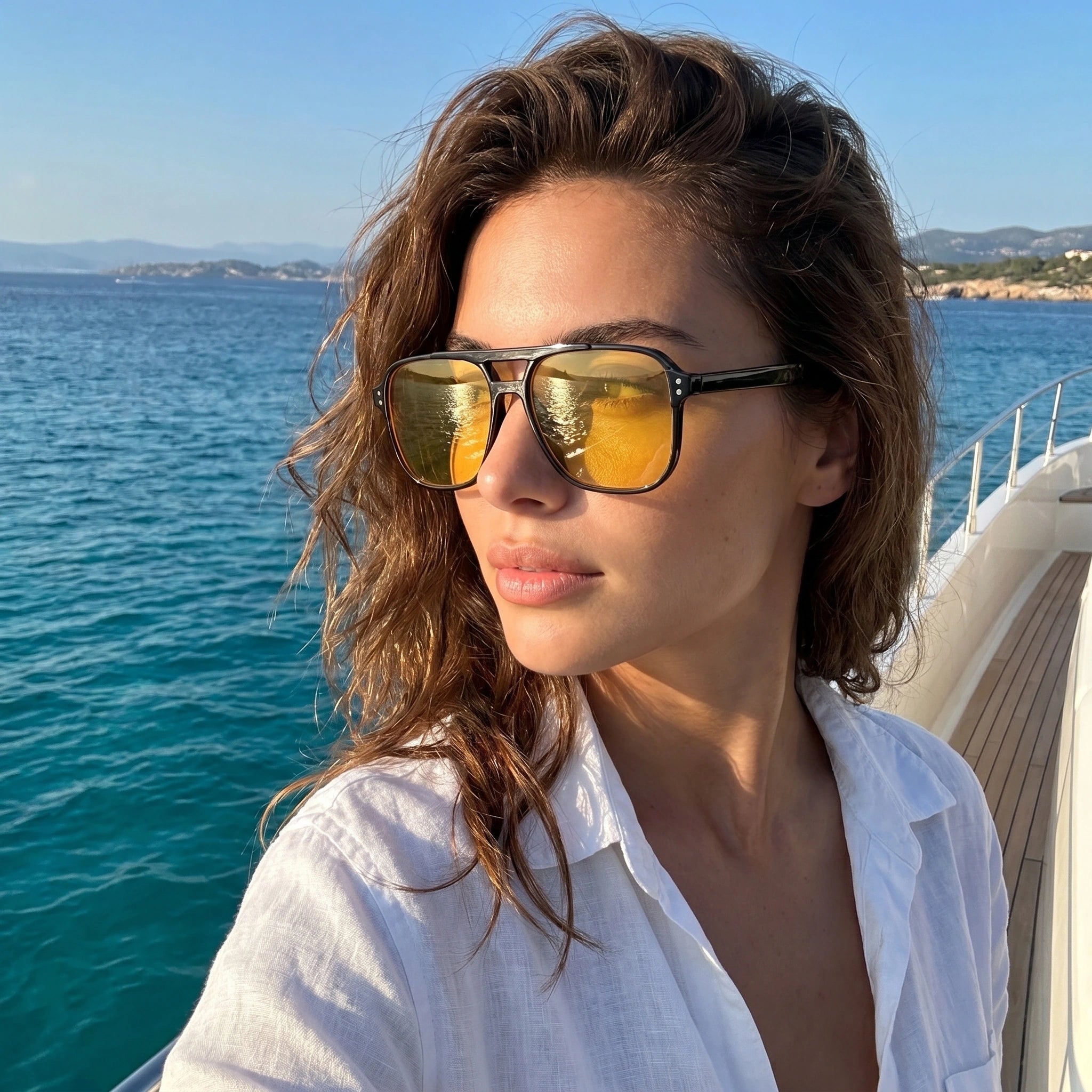 Back view of a model wearing Womens Sunglasses, showing the sleek frame design against a soft outdoor background, perfect for summer adventures.