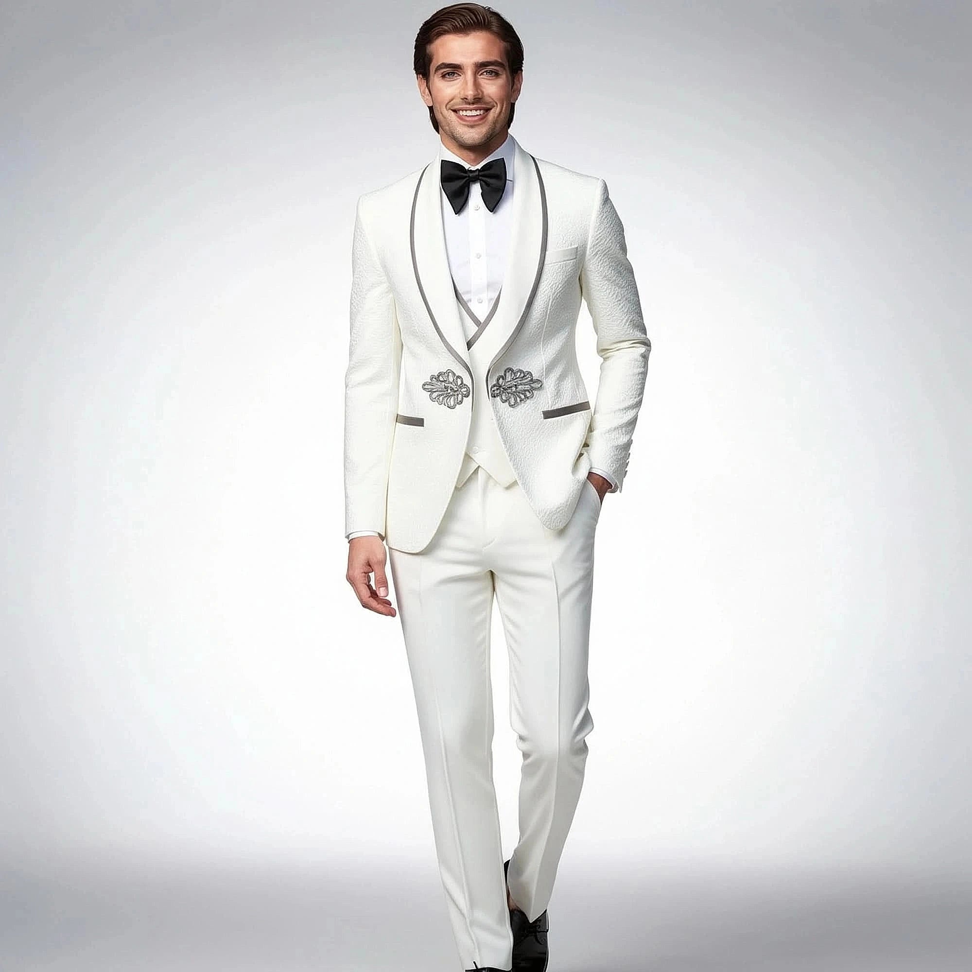 Elegant slim fit tuxedo suit set in black, featuring a single button jacket and matching trousers, view