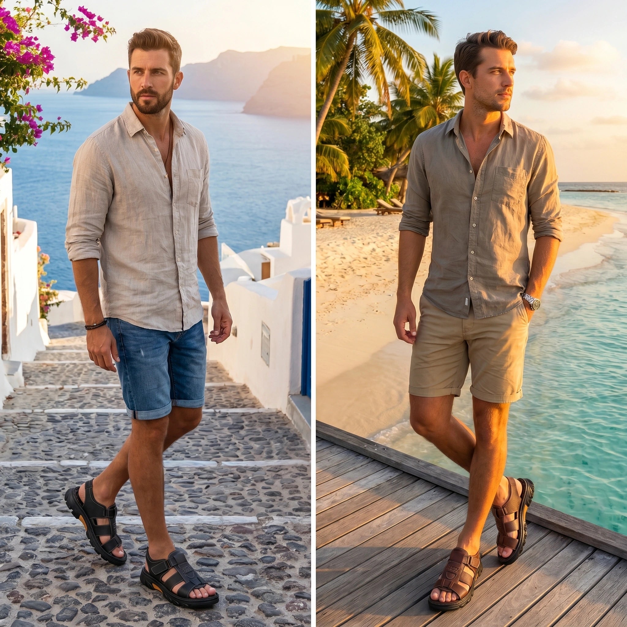 Front view of a model wearing men's durable summer sandals paired with a casual outfit, set against a bright outdoor background.