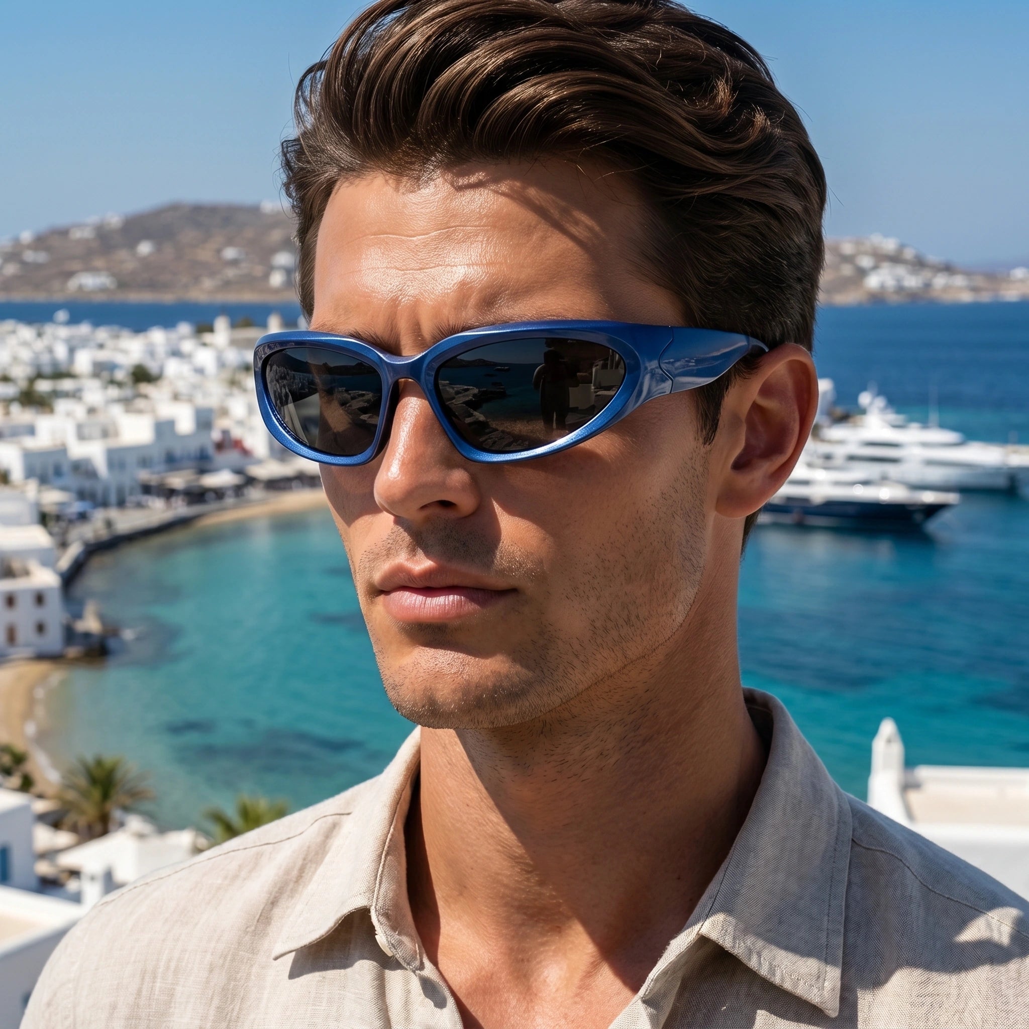 Close up view of the Mens Bold Retro Vintage Sunglasses showing intricate detailing and stitching, showing their design and quality craftsmanship against a neutral background.
