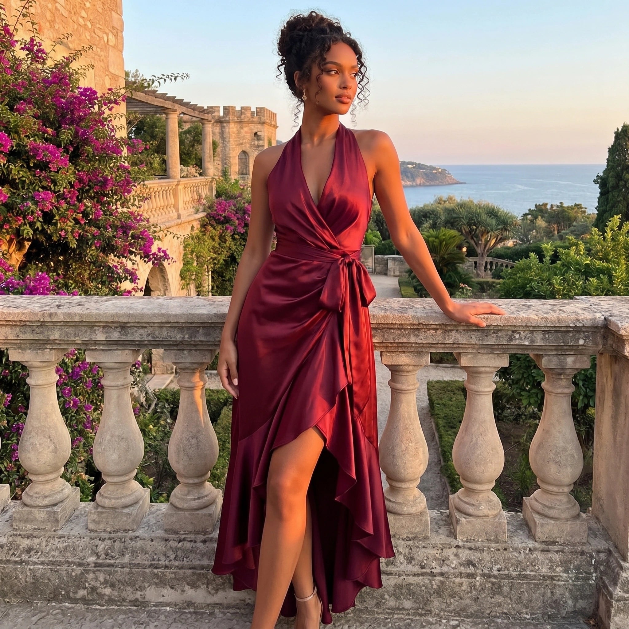 Close up view of the Womens Slim Summer Dress showing intricate stitching and luxurious fabric texture, showing its sophisticated design and high quality craftsmanship.