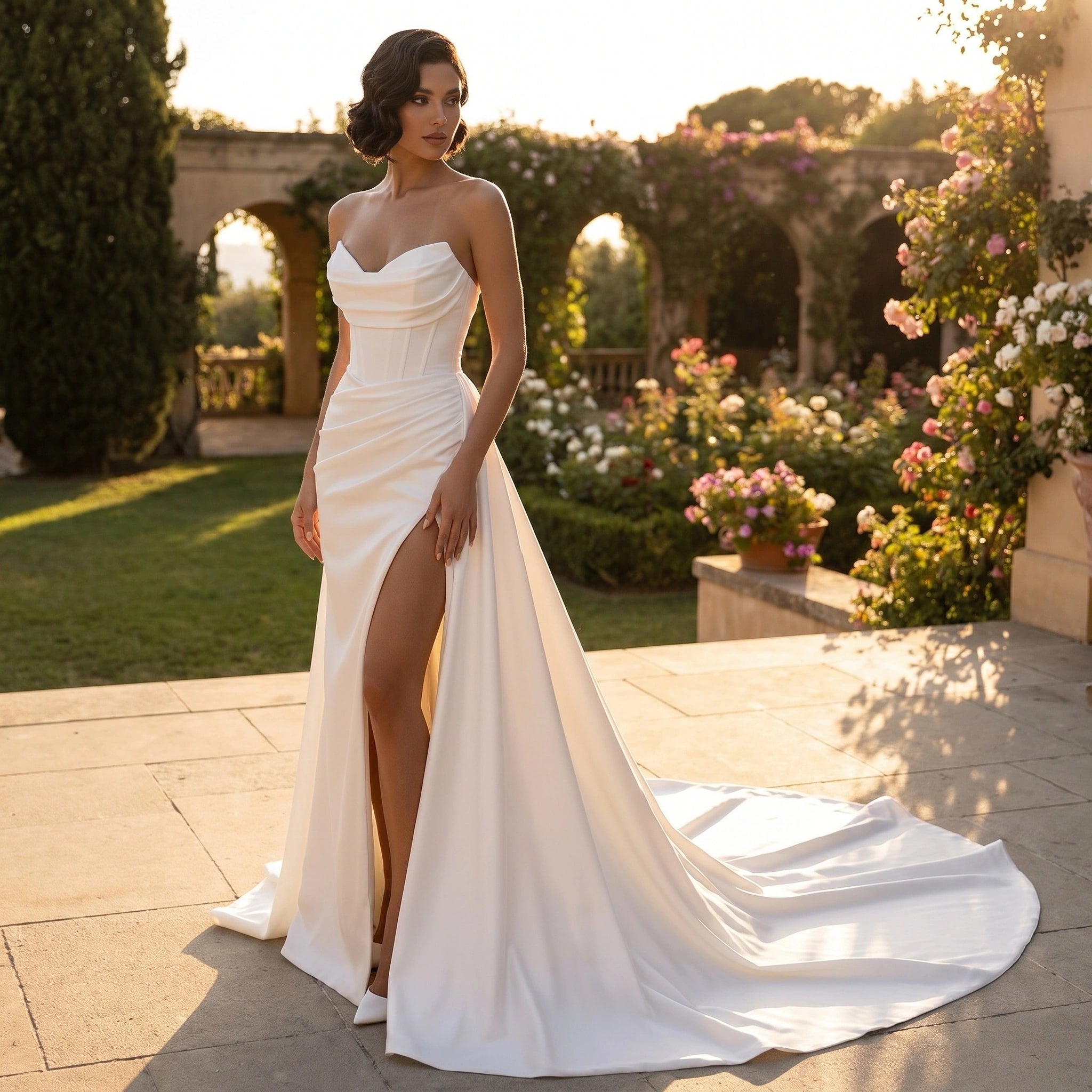 Close up view of the Womens Enchanting Bridal Gown showing intricate lace detailing and delicate stitching against a soft, neutral background.