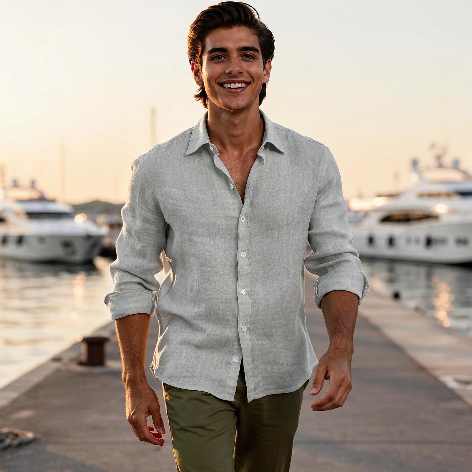 View of a Liam vintage button up shirt featuring a soft cotton fabric in a muted green color with classic buttons