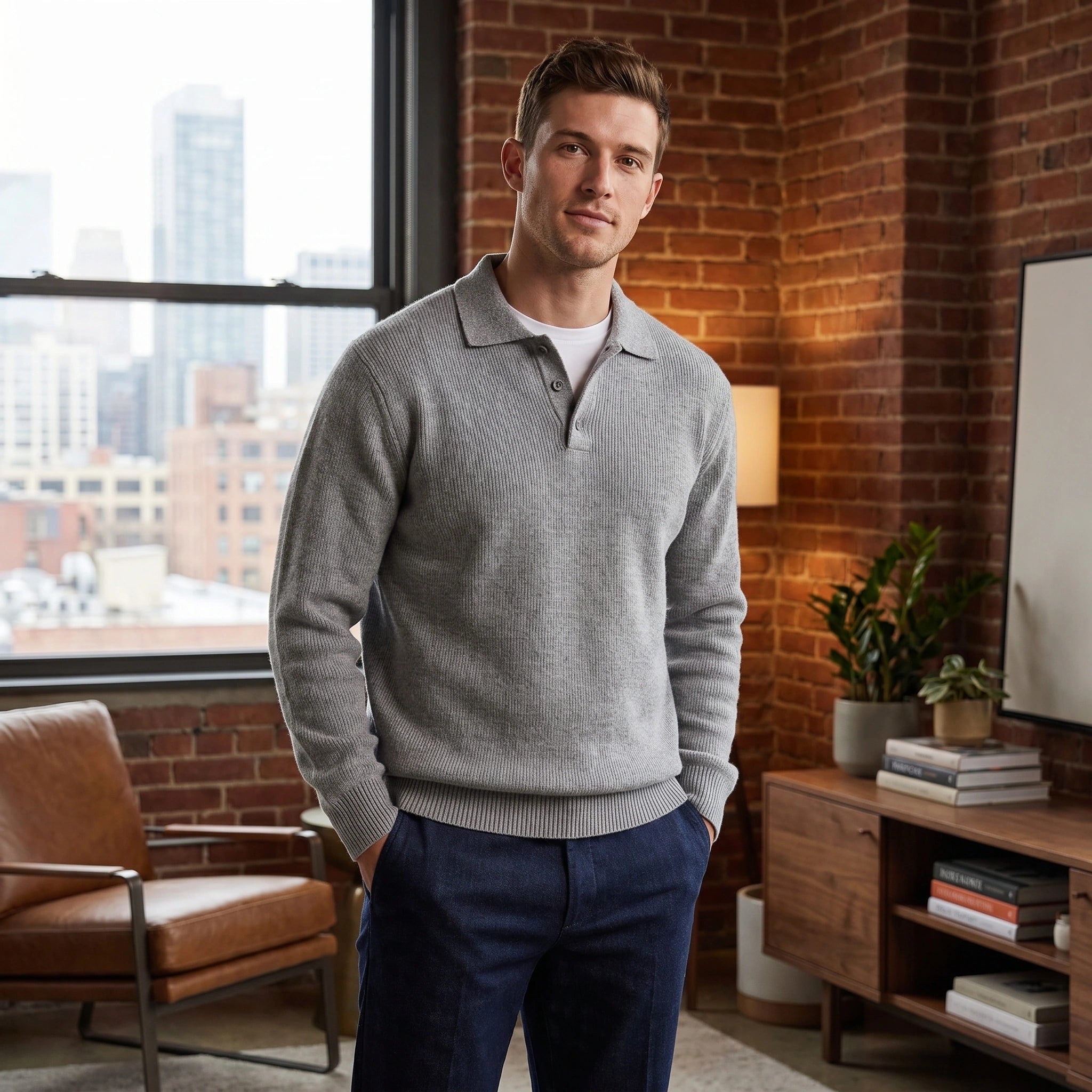 Front view of a model wearing a mens refined ribbed knit polo sweater in a neutral color, styled with tailored trousers against a minimalist backdrop.