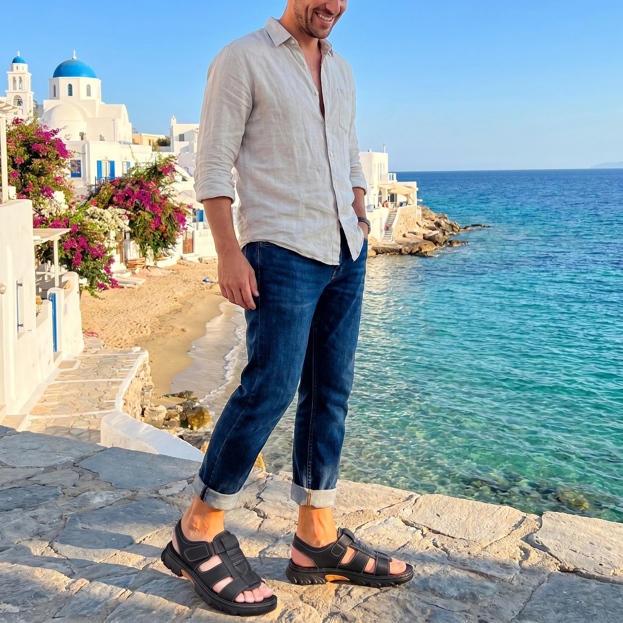 Back view of men's durable summer sandals showing their construction details, showing a sleek design in earthy tones against a neutral background.