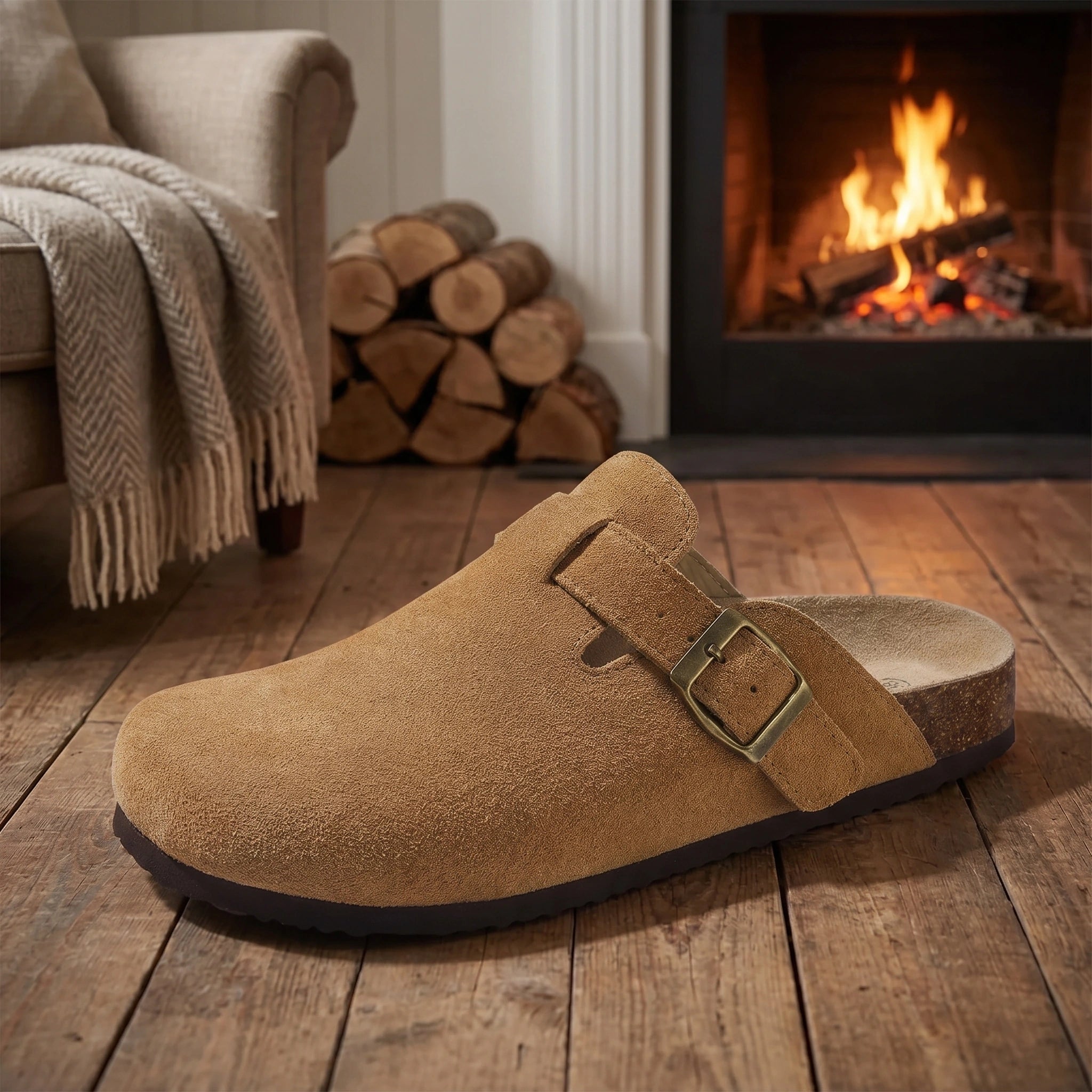 Close up view of the soft suede material and detailed stitching of men's comfortable sandals, showing their design and summer ready appeal.
