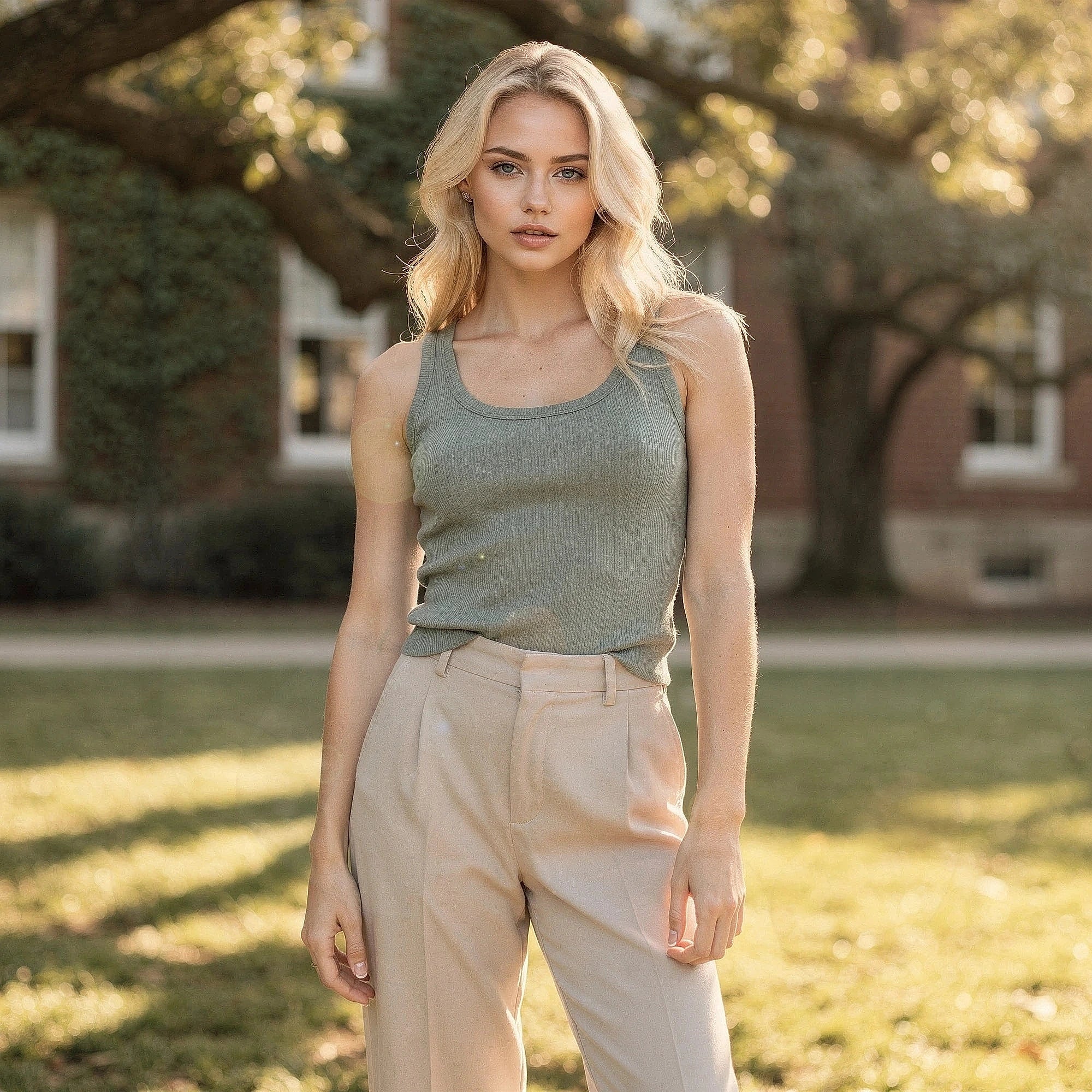 View of a light gray ribbed tank top featuring a sleeveless design and a relaxed fit