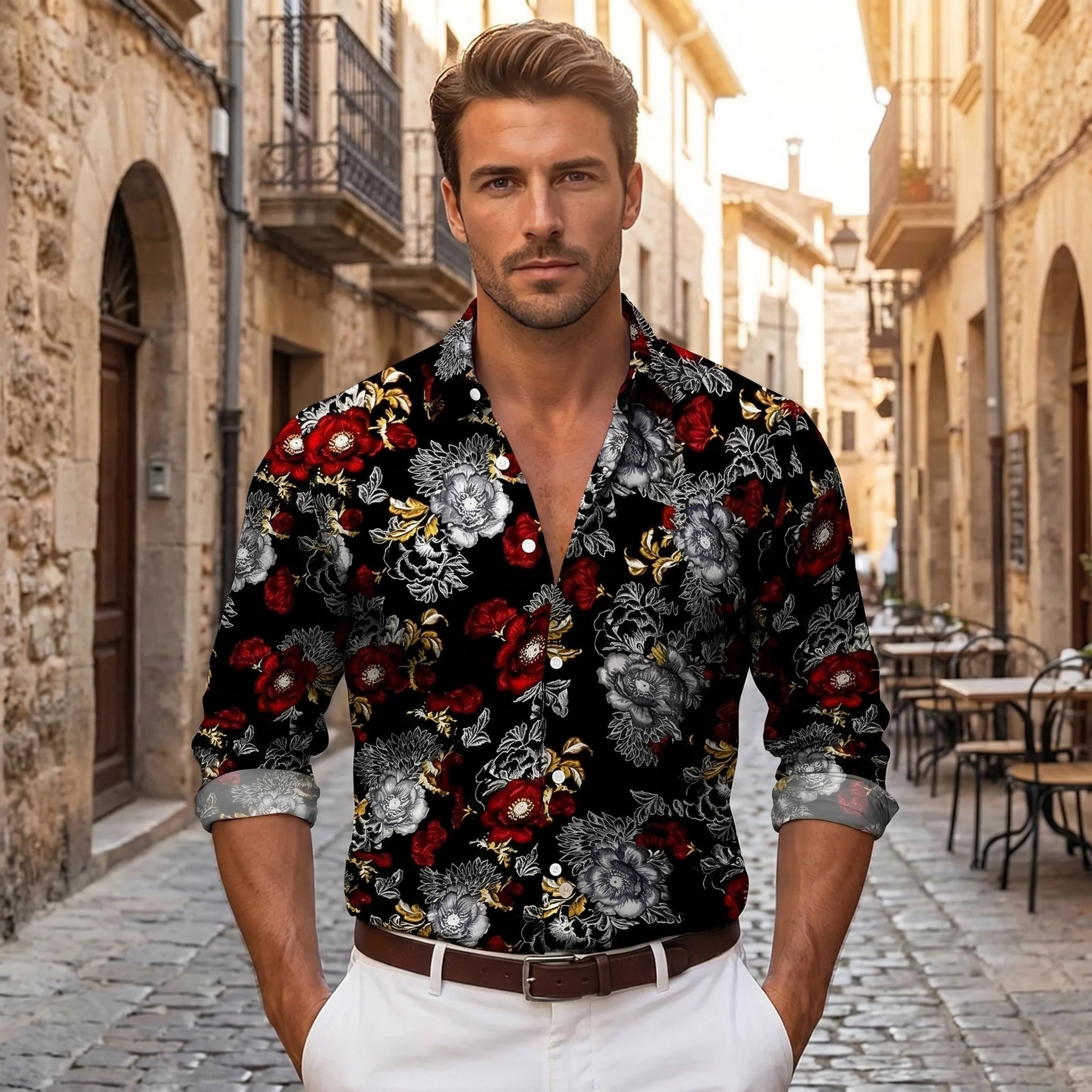 Close up view showing the intricate floral pattern and fine stitching details of the men's relaxed autumn shirt in warm earth tones.