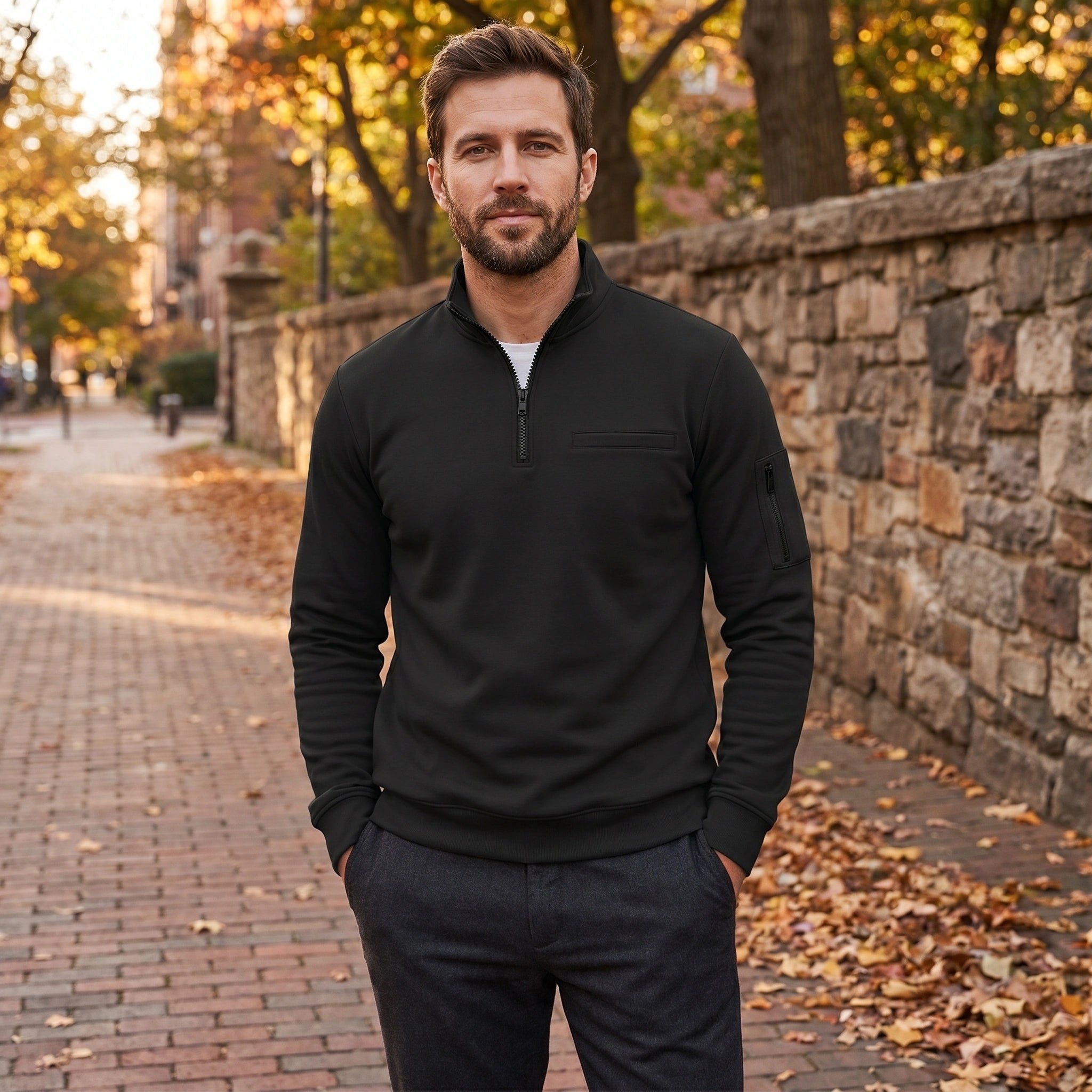 Close up showing the soft fabric and intricate stitching details of the Men's Quarter Zip Sweater in a rich navy color.
