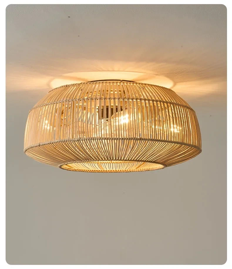 Of the elegant rattan blades and integrated lighting, showcasing the sleek remote control for easy operation