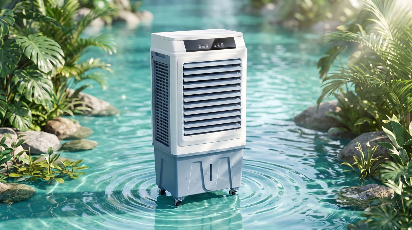 Close up view showing the sleek design and detailed stitching of the efficient portable evaporative air cooler with remote control features.