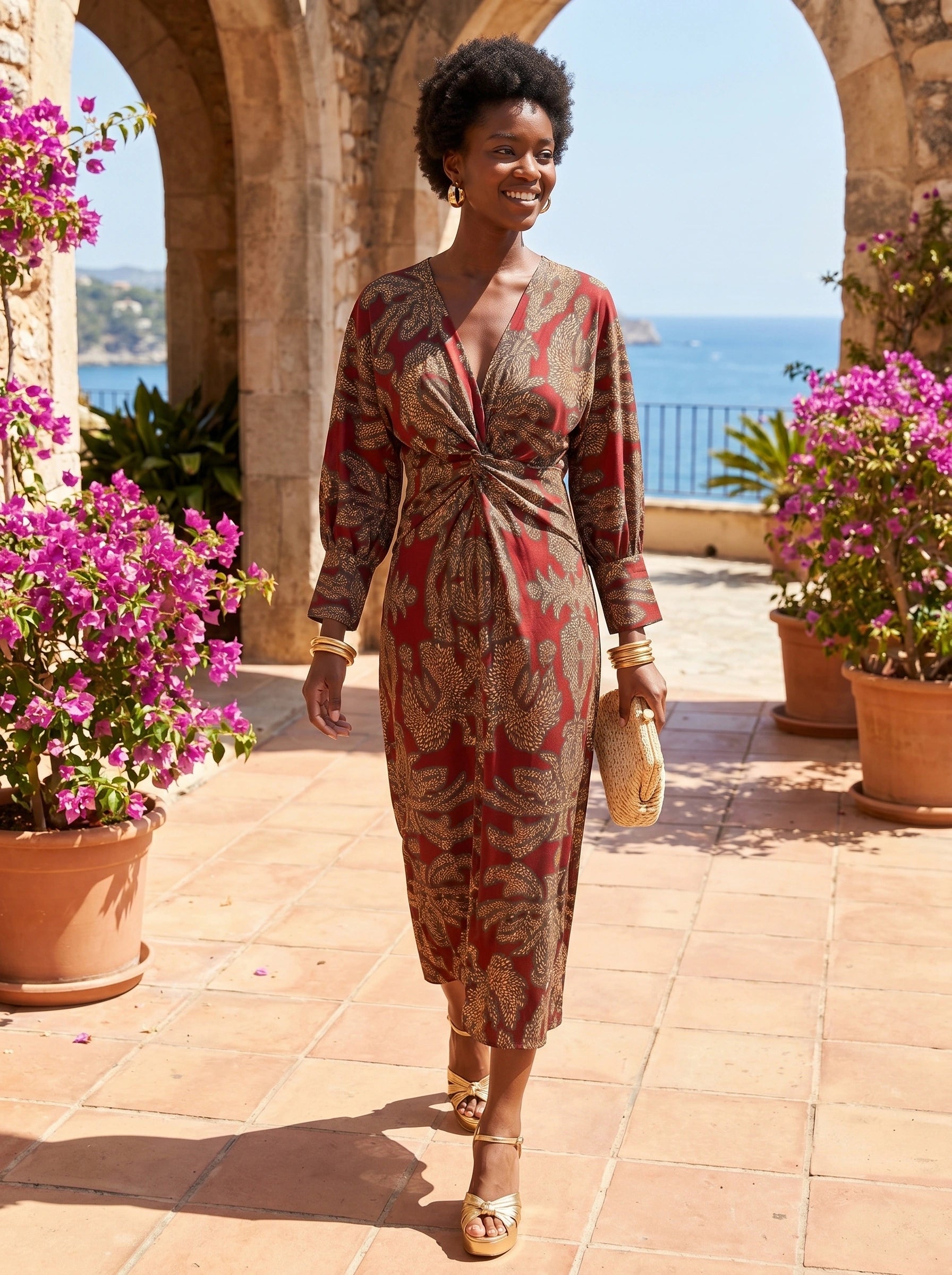 Close up view of the soft, flowy fabric and intricate stitching details of the women's maxi dress in a vibrant summer hue.