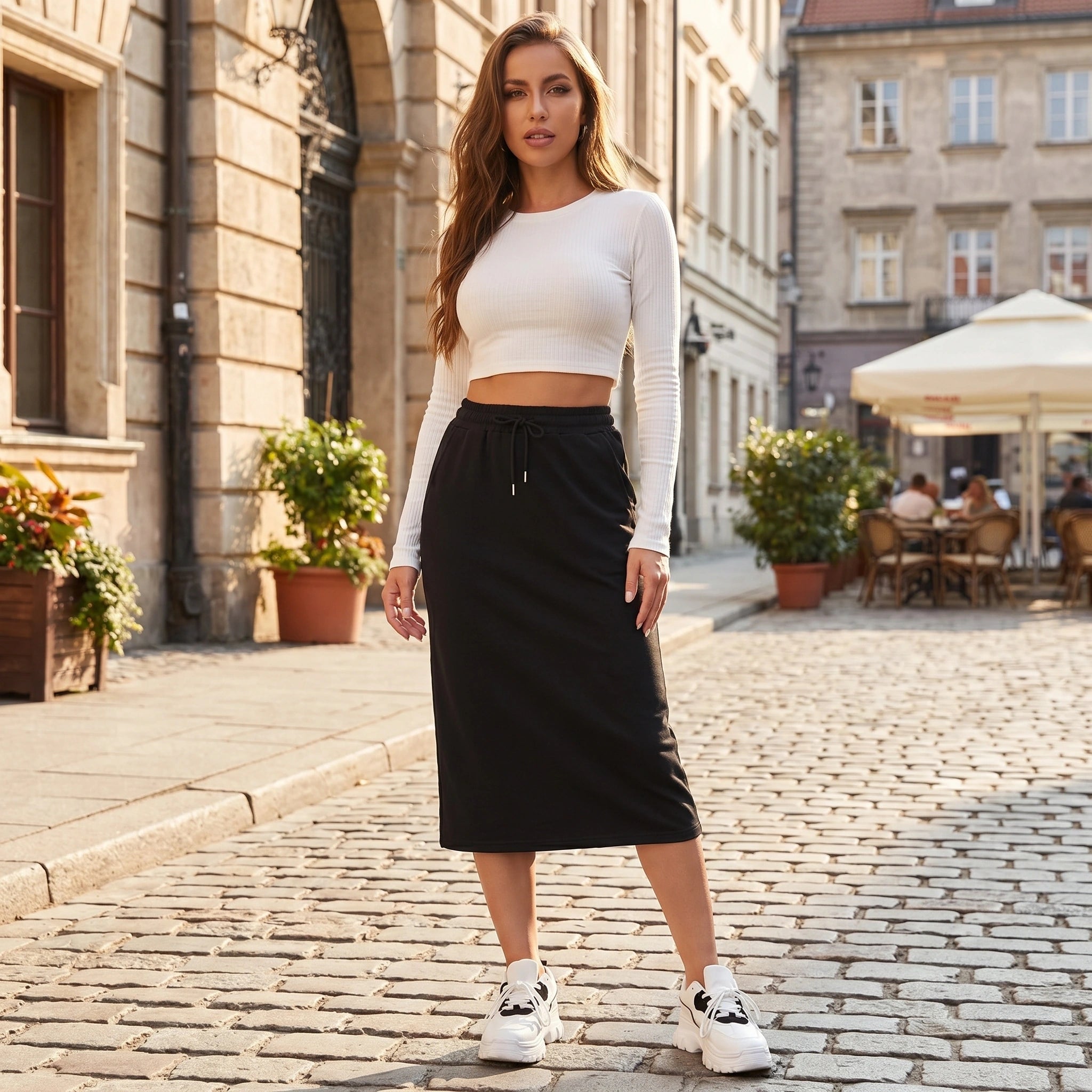 Close up view of the women's silky summer midi skirt showing its smooth fabric, intricate stitching, and high waisted design in a soft pastel color.