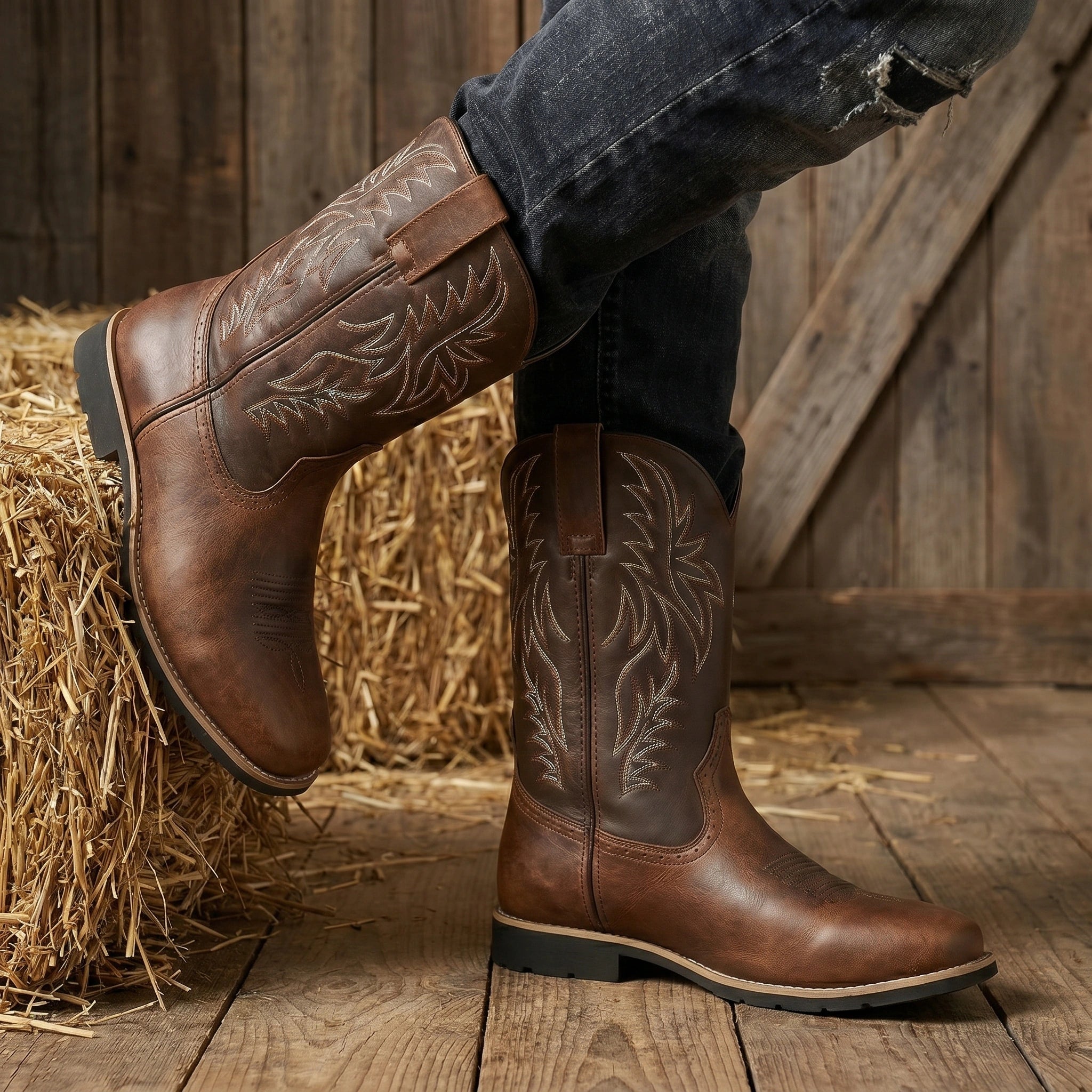 Close up view showing the intricate stitching and high quality leather of the rugged mid calf western boots designed for both casual and semi formal wear.